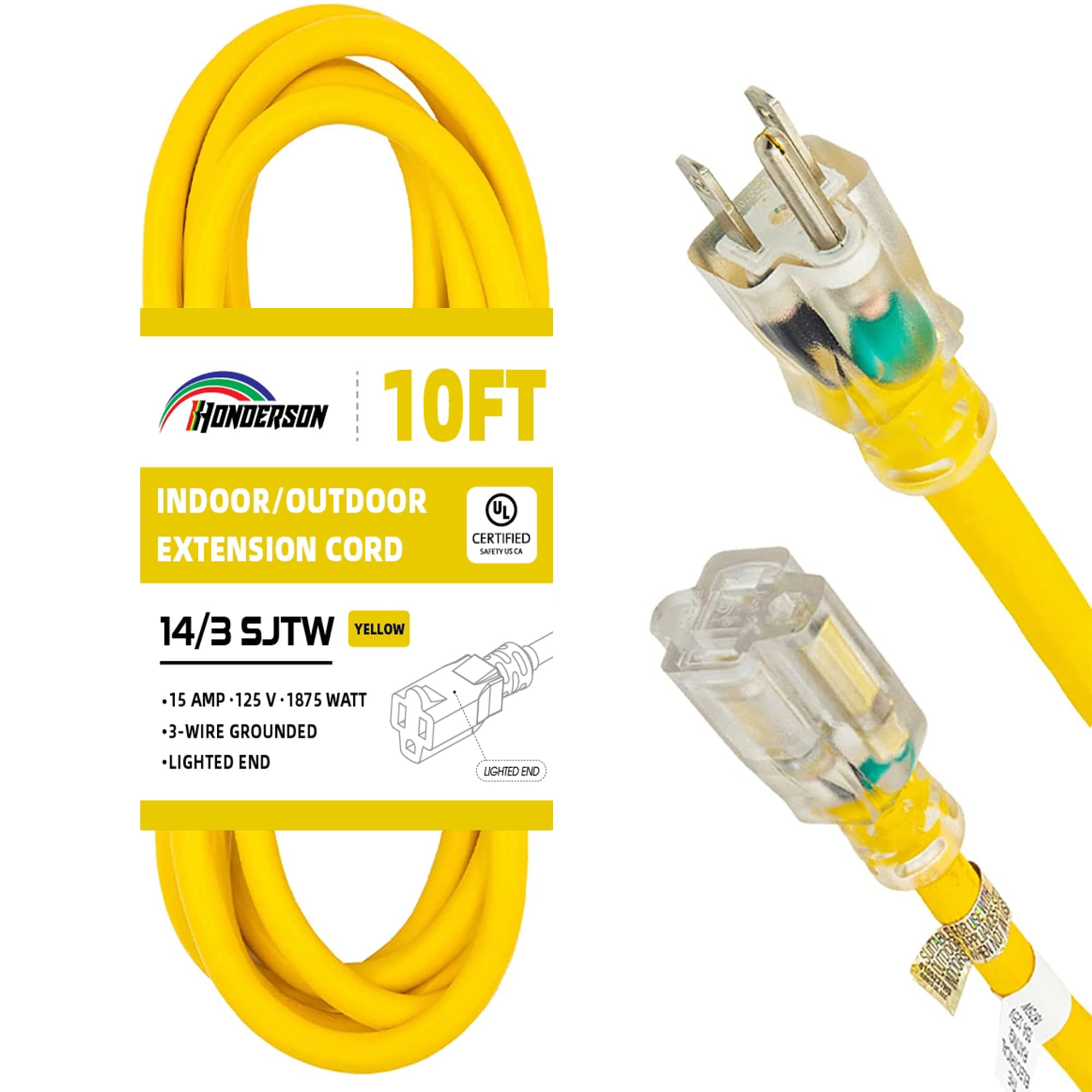 Honderson Indoor Outdoor Extension Cord Weatherproof With Lighted End, Ul Listed, 14 Gauge 10Ft Yellow 3 Prong Heavy Duty Extens