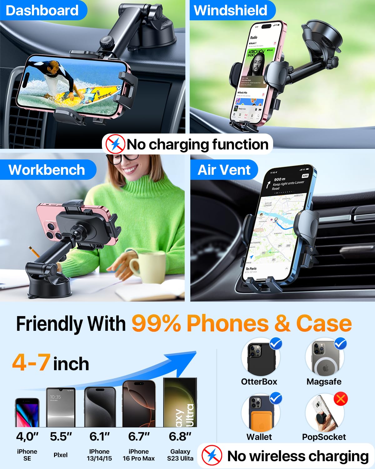 [True Military-Grade] Car Phone Holder?2024 Stronger Suction & Clip? Universal Cell Phone Holder For Car Mount For Dashboard Win