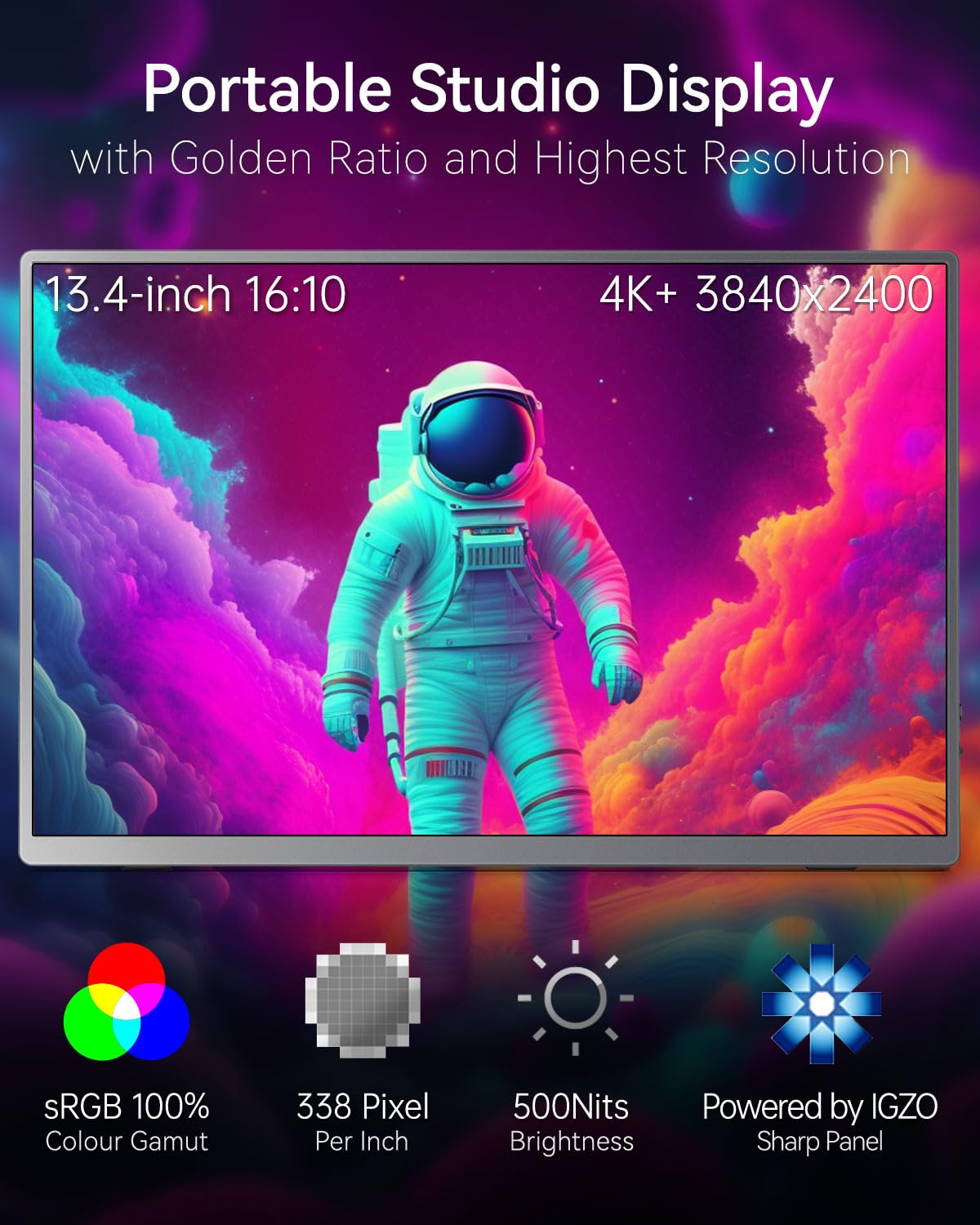 Intehill 4K Portable Monitor For Laptop, Macbook And Mini Pc High End 13.4 Inch Small Computer Monitor With Golden Ratio 16:10 A