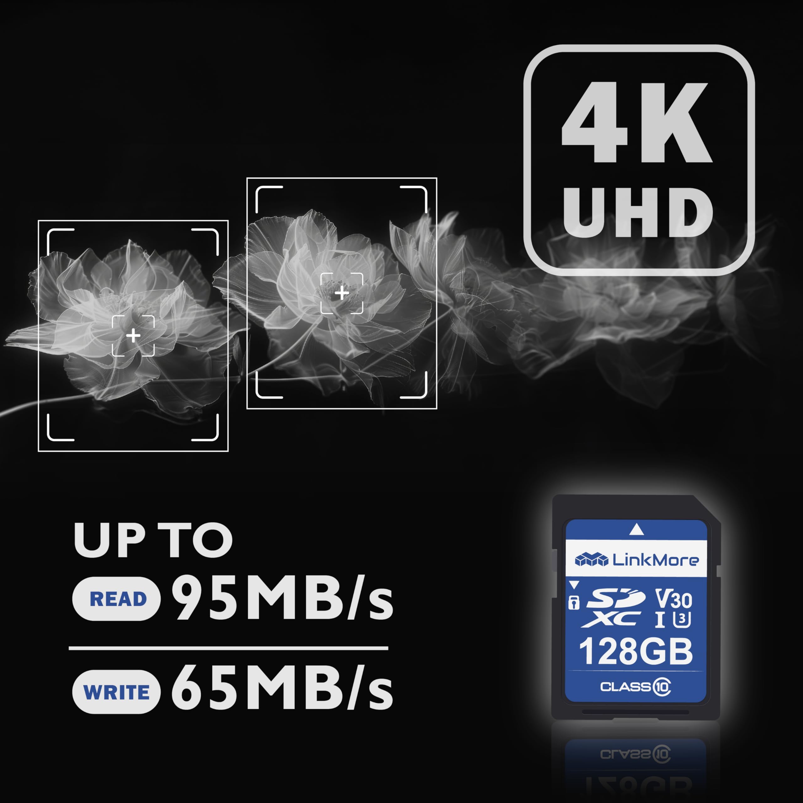 Linkmore Sd Card 128Gb Compatible With Camera, Pc, Uhs I, U3, V30, Class 10, Read Speed Up To 95 Mb/S, Write Speed Up To 65Mb/S