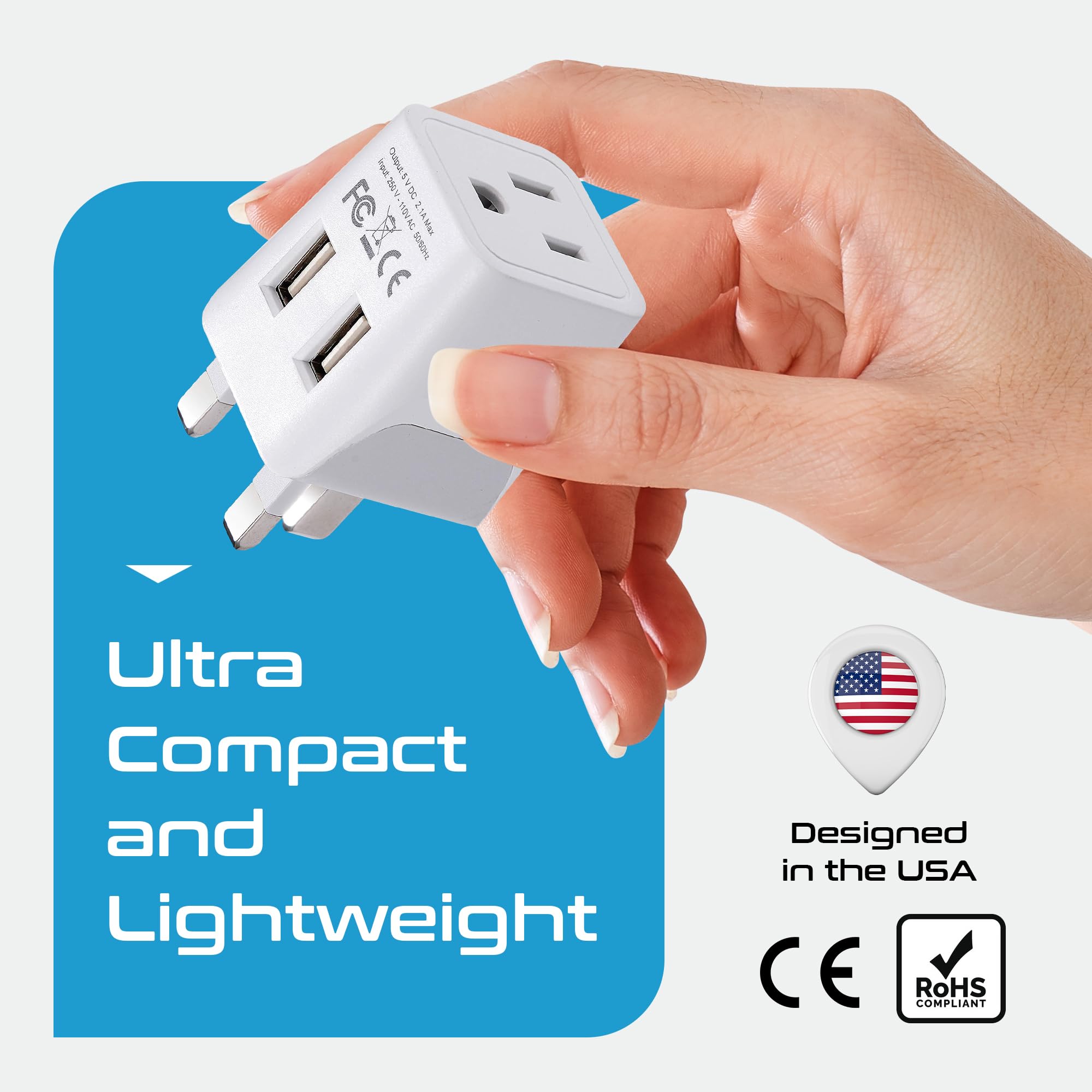 Ceptics London, Hong Kong, Ireland Travel Adapter Plug   With Dual Usb + Usa Input   Type G   Ultra Compact   Safe Grounded Perf