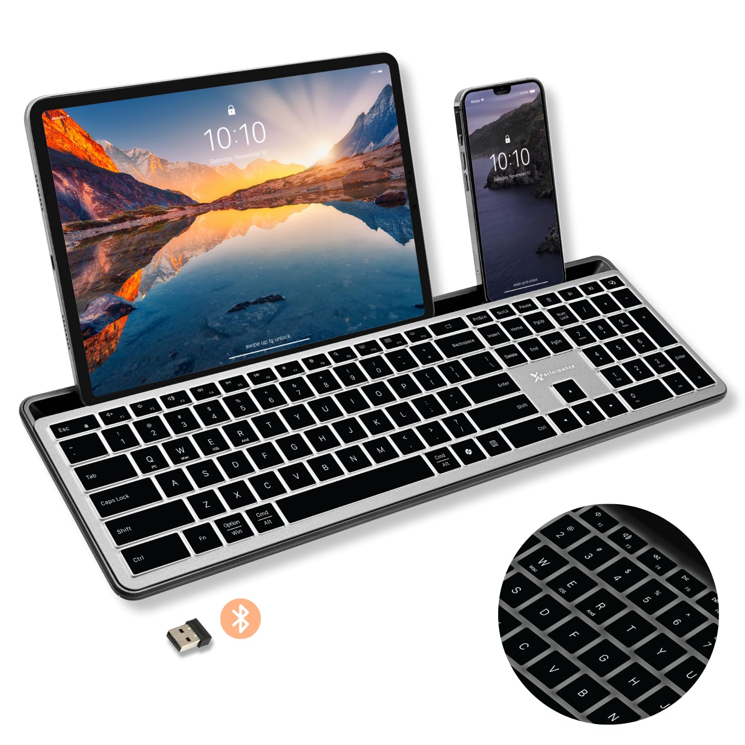 X9 Wireless Keyboard with Phone Holder  Full Size Bluetooth Keyboard with Number Pad, Backlit Wireless Keyboard, MultiDevice f