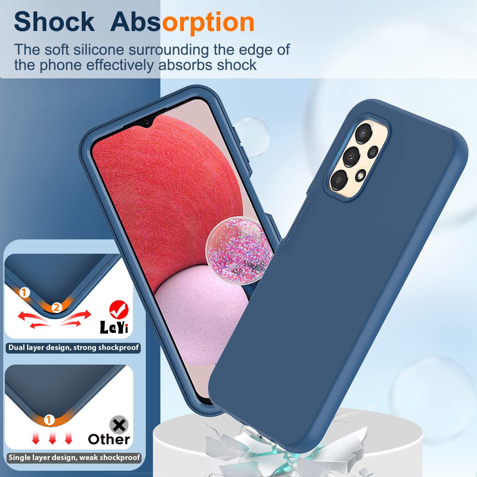 LeYi Samsung Galaxy A13 5G Phone Case 2 Tempered Glass Screen Protectors Full-Body Shockproof Soft Liquid Silicone Navy Blue