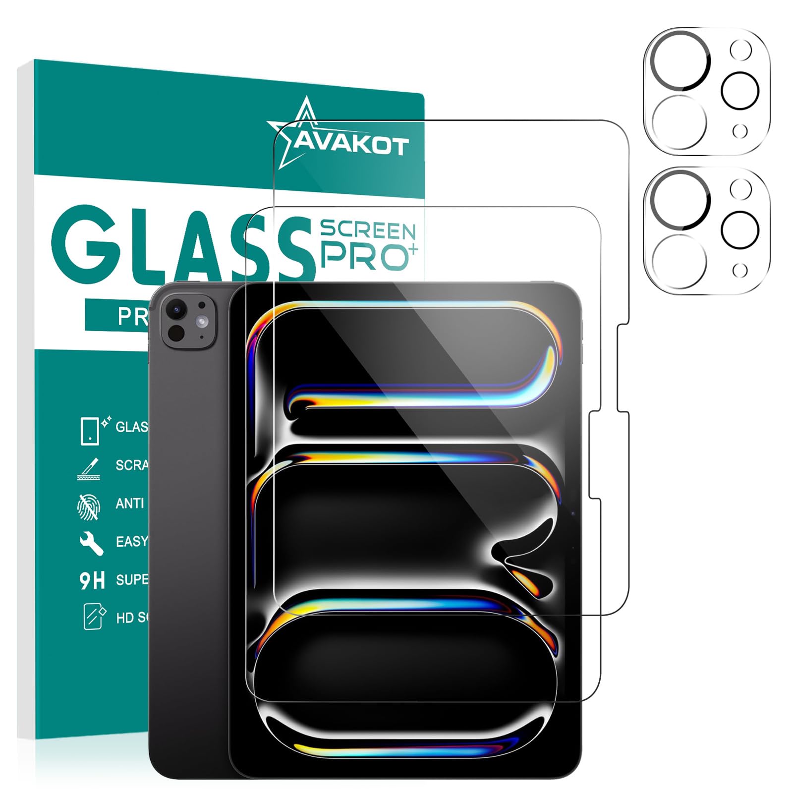 Avakot 2 Pack Screen Protector For Ipad Pro 11 Inch 2024 5Th Generation With 2 Pack Camera Lens Protector, Hd Clear Tempered Gla