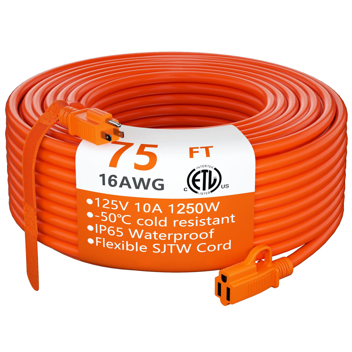 Outdoor Extension Cord 75 Foot Waterproof, 16/3 Gauge Flexible Cold Resistant Appliance Extension Cord Outside, 10A 1250W 16Awg