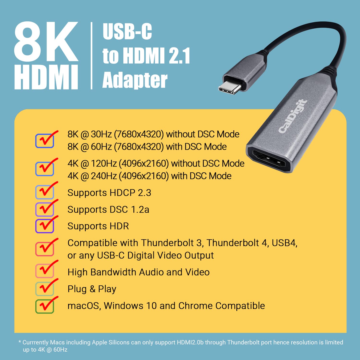 Caldigit Usb C To Hdmi 2.1 8K Adapter Dongle   High Refresh Display, Hdr, 10 Bit, Compatible With Thunderbolt 3/4 / Usb 3.1 / Us