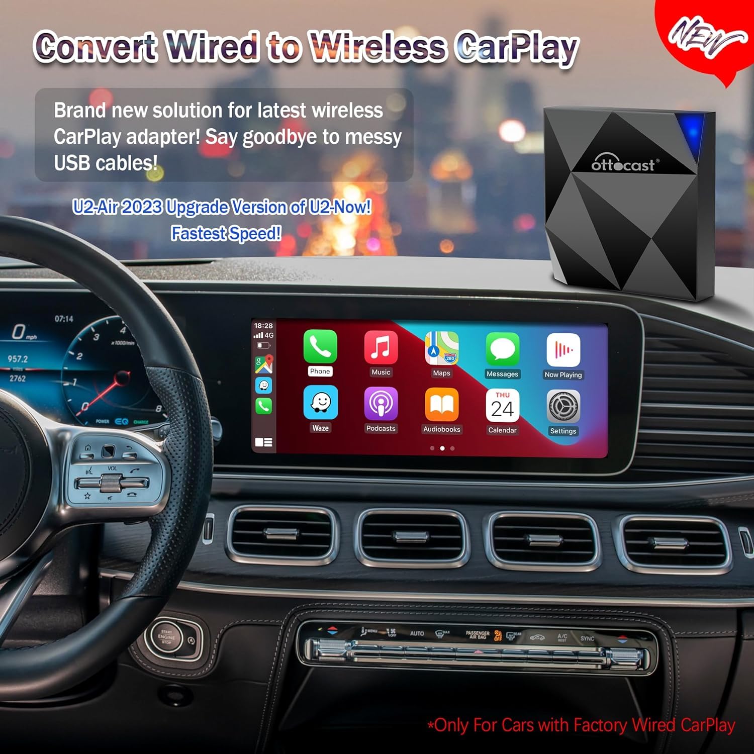 Ottocast Wireless Carplay Adapter 2024 Carplay Wireless Adapter For Cars With Factory Wired Carplay (Year: After 2016), No Lag U