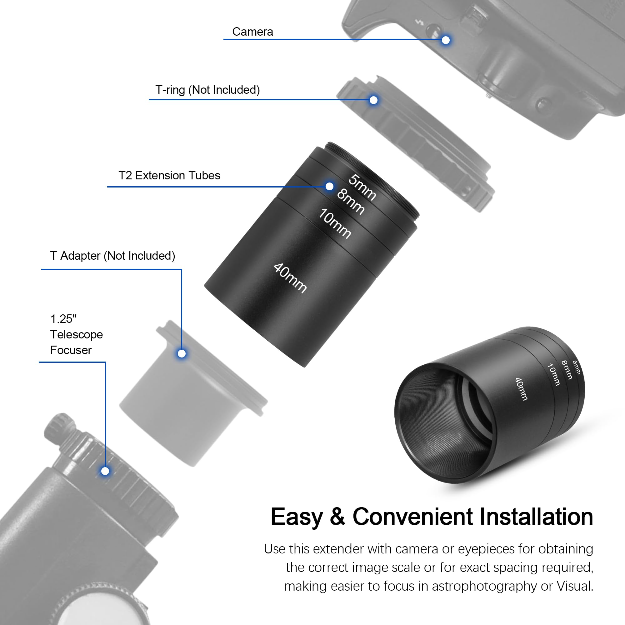 Astromania Astronomical T2-Extension Tube Kit For Cameras And Eyepieces - Length 5Mm 8Mm 10Mm 40Mm - M42X0.75 On Both Sides