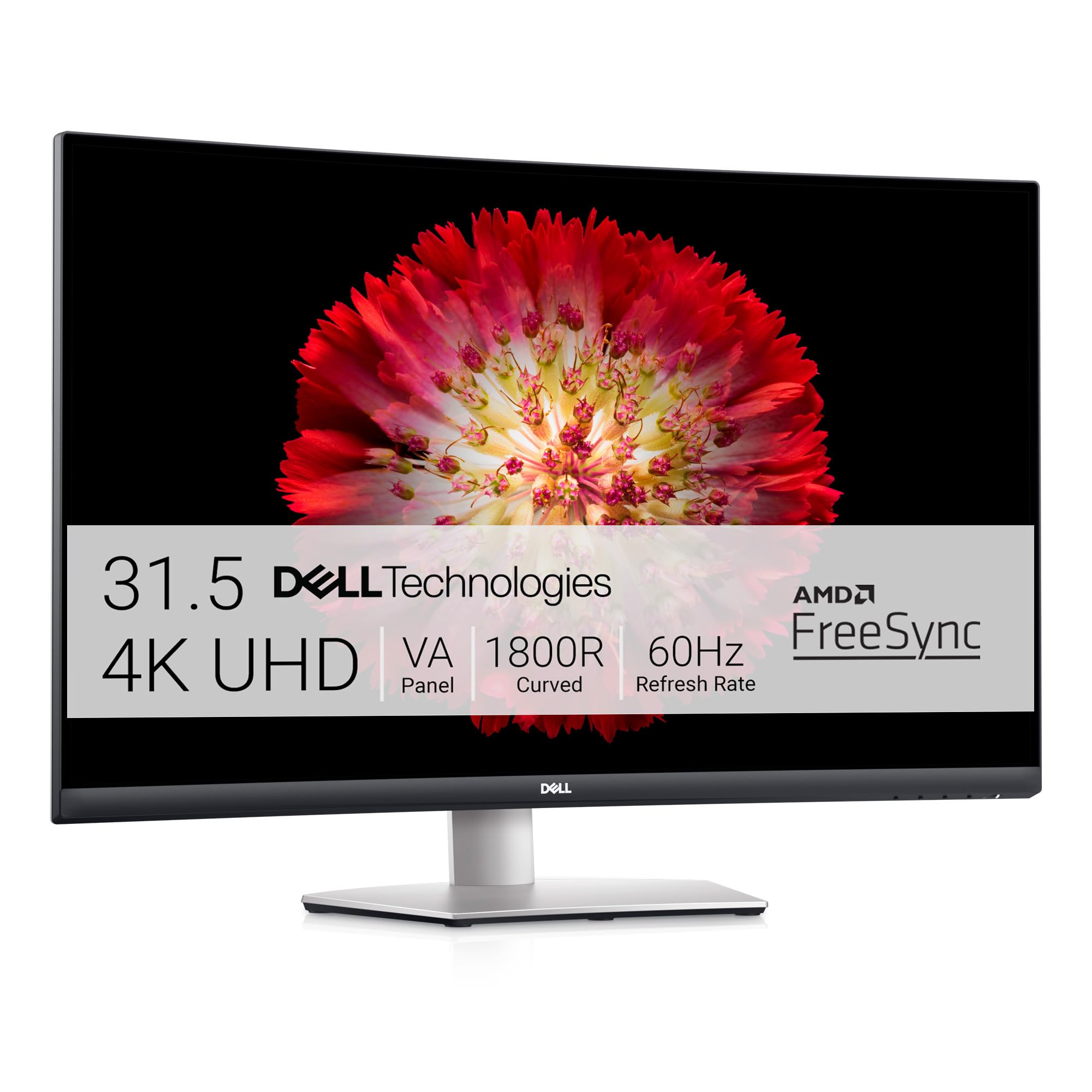 Dell S3221QS 32 Inch Curved 4K UHD (3840 x 2160), VA Ultra Thin Bezel Monitor, 60Hz, 4MS Response Time, 90% DCI P3, 99% sRGB, AMD FreeSync, HDMI, DisplayPort, Built in Speakers, VESA Certified, Silver