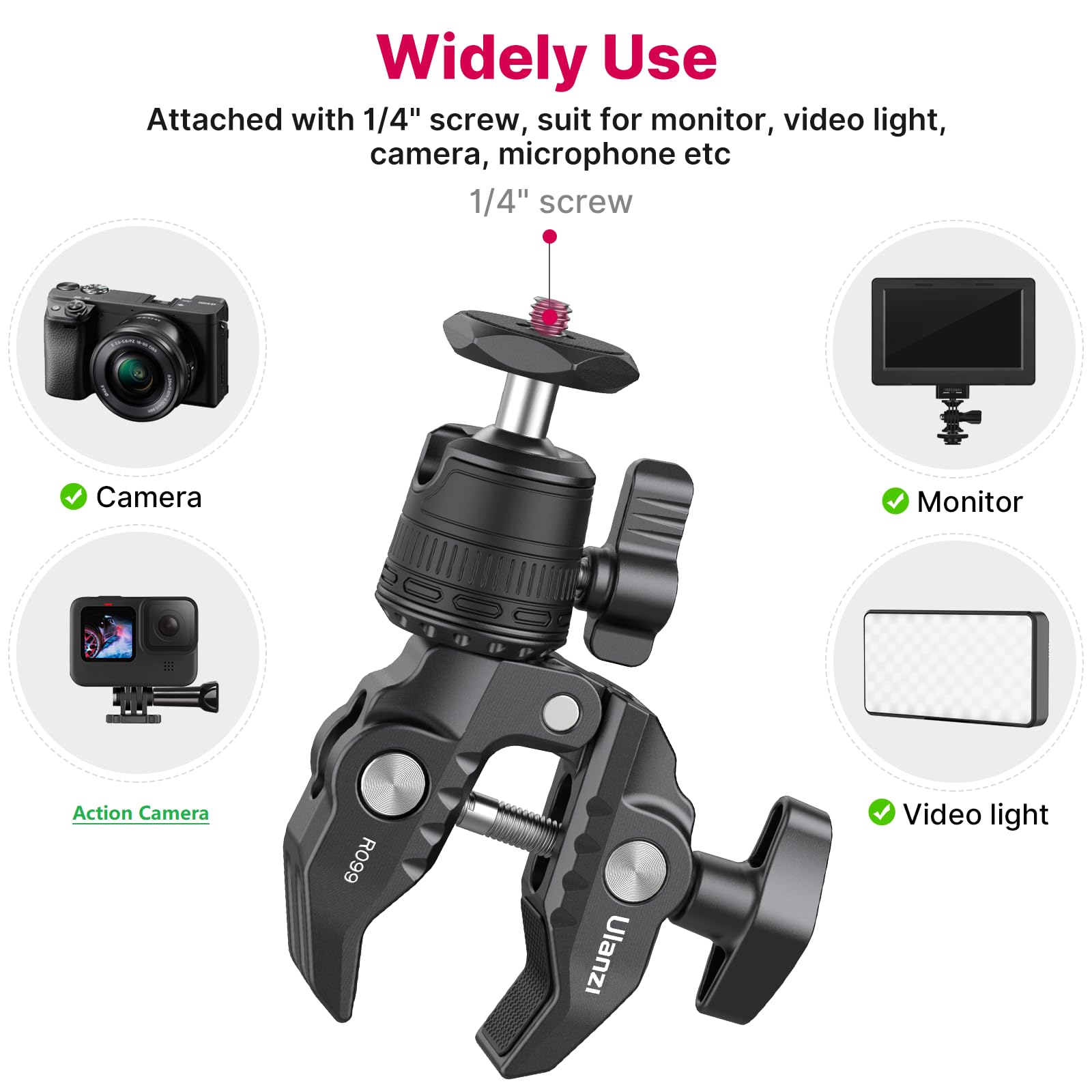 Ulanzi R099 Super Clamp Camera Mount Clamp With 360� Ballhead, Bike/Bicycle/Motorcycle Handlebar Mount For Insta360/Gopro/Akaso/Dji Osmo Action Cameras, Dslr/Cameras/Lights Pole Tube Mount