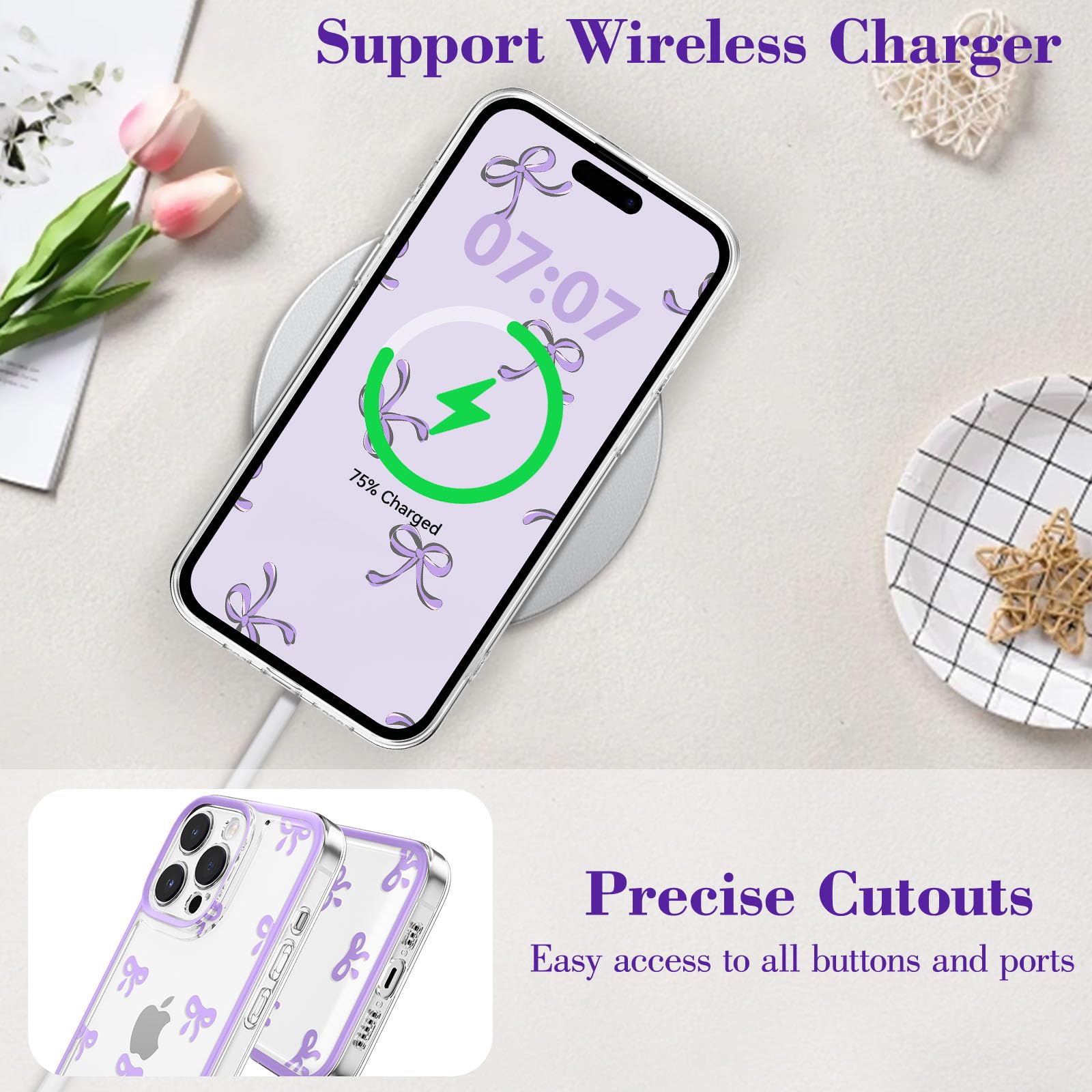 Eyzutak Case For Iphone 13 Pro, Clear Cute Ribbon Bowknot Pattern Aesthetic Transparent Phone Case Raised Camera Protection Styl