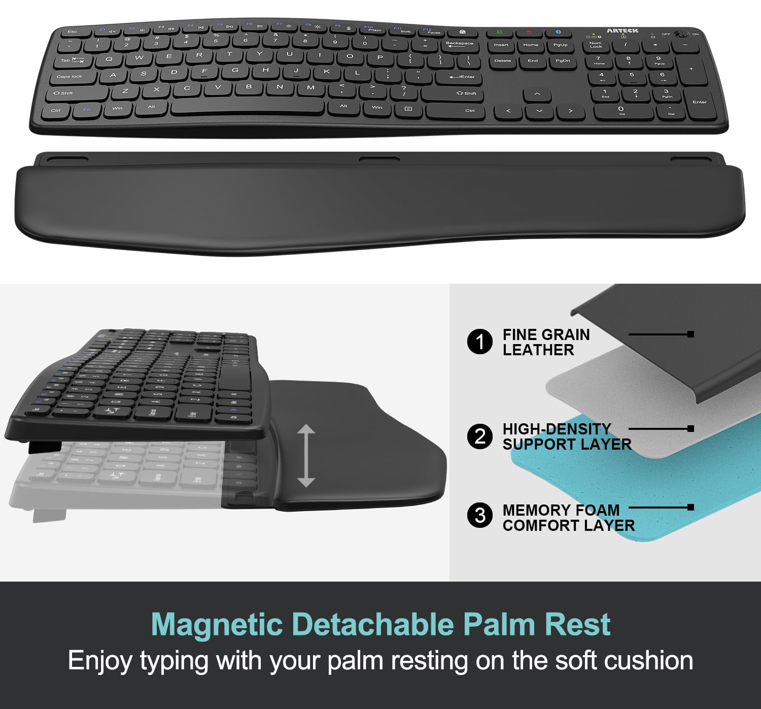 Arteck Multi Device Comfortable Wireless Bluetooth Keyboard With Nano Usb A, Usb C Type C Receiver Palm Wrist Rest Full Size Key