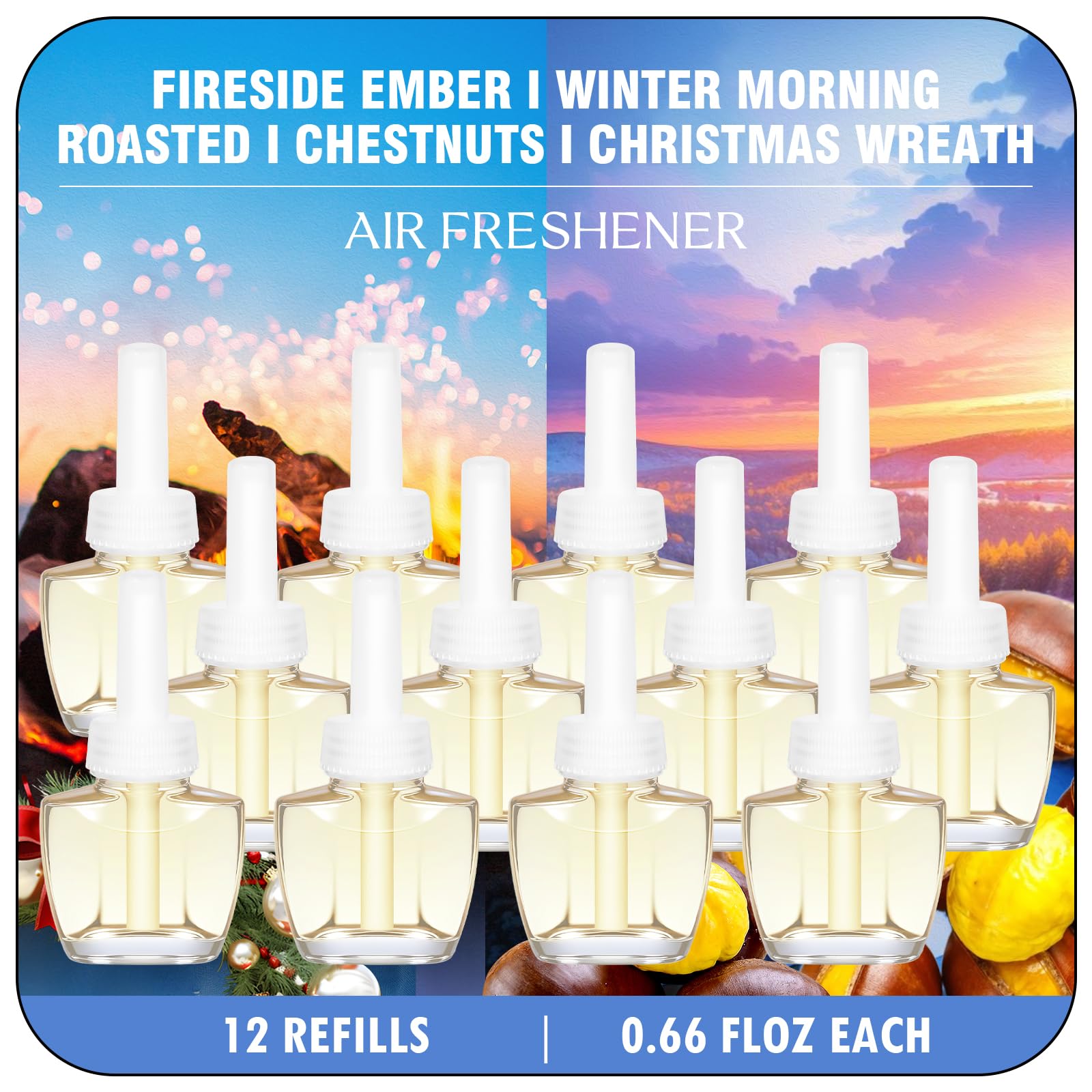 Plug In Refills Air Freshener, Summer Scents with Fireside Ember, Winter Morning, Roasted Chestnuts, Christmas Wreath - 12 Count