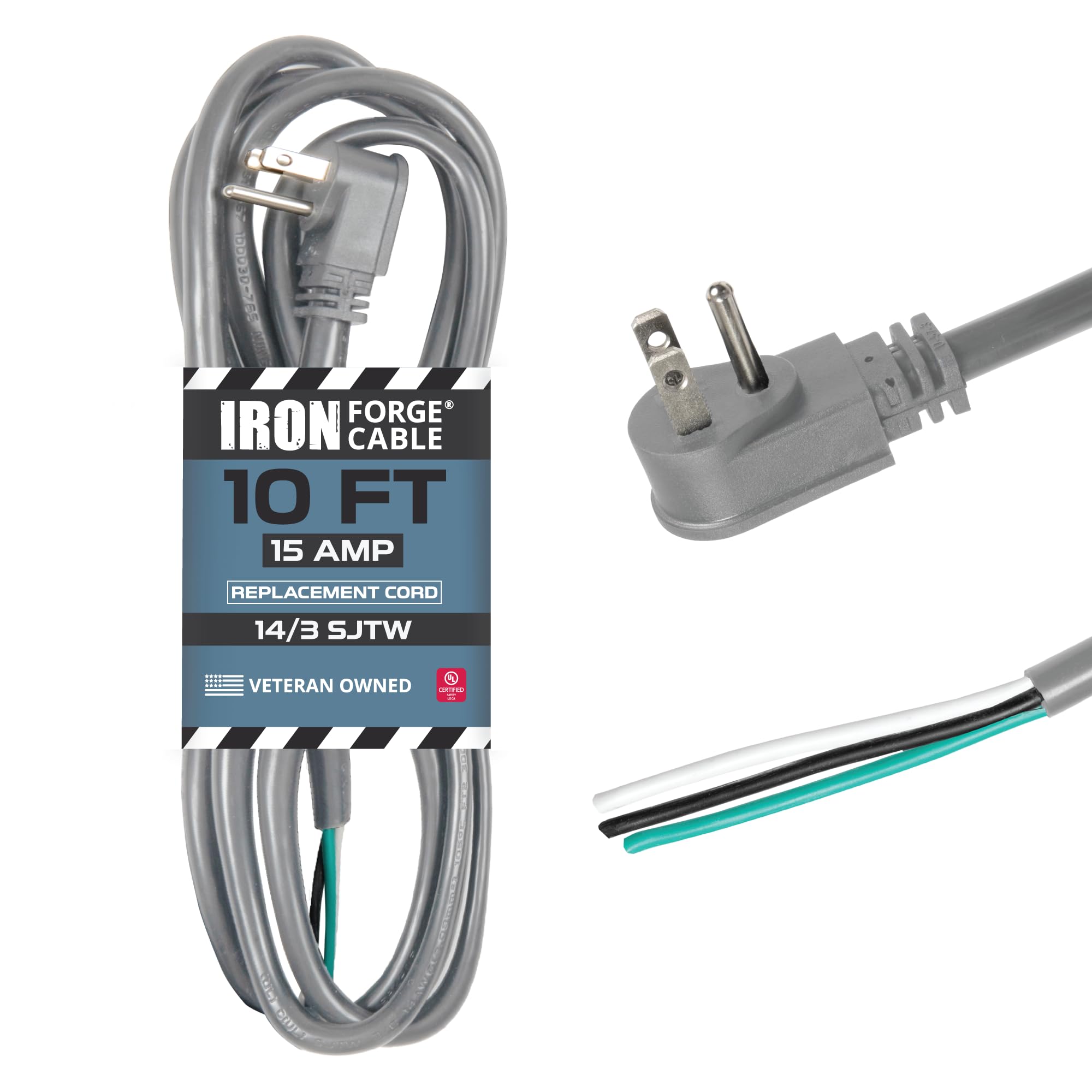 Iron Forge Cable 90 Degree Electrical Plug Slim Plug Head Replacement Power Cord With Open End   10 Ft Gray Extension Cable,14/3