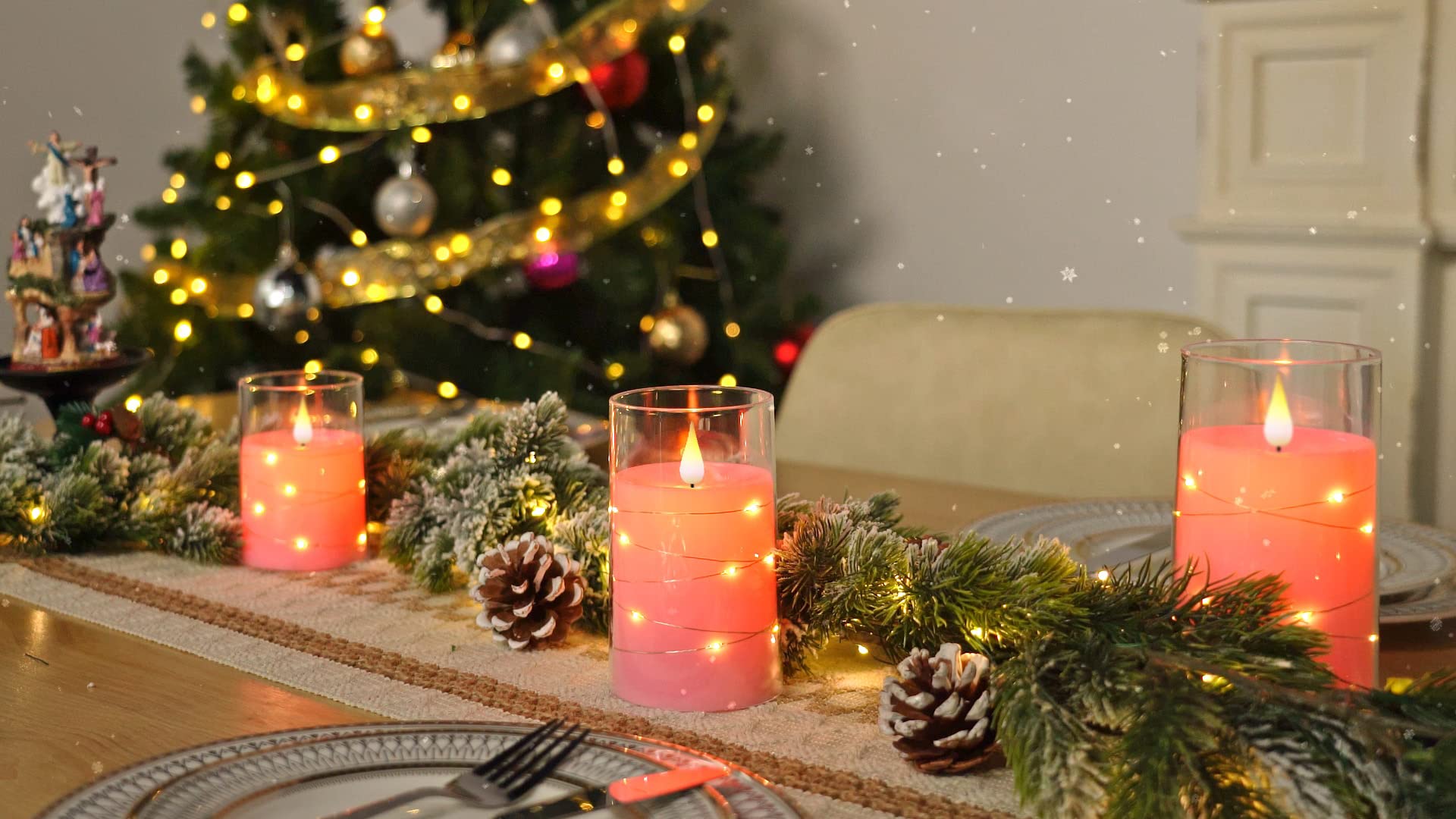 Homemory Flickering Flameless Candles With String Lights, Battery Operated, Embedded Led, Unbreakable Plexiglass With Remote, Se