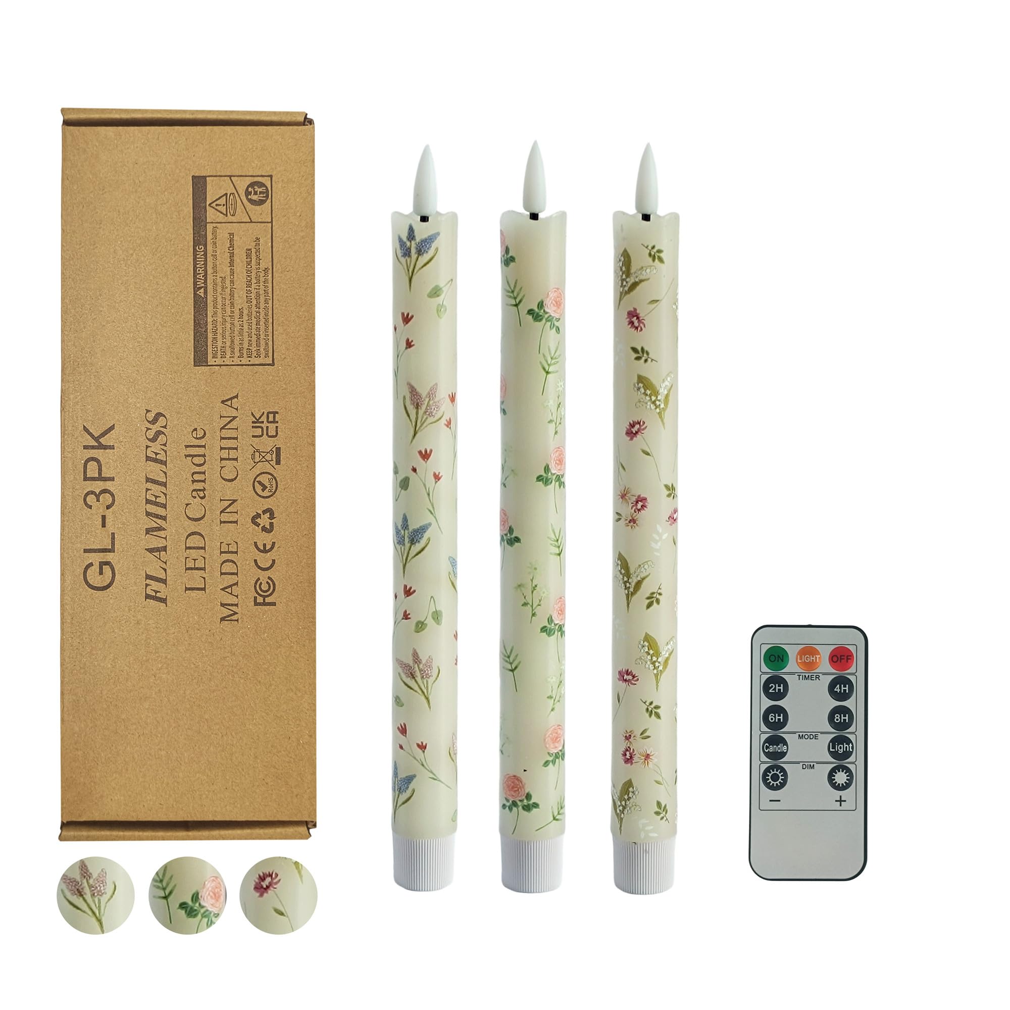Gedengni Floral Candles Remote Candlesticks-10inches Timer Flickering Battery Operated Candle Chinoiserie LED Taper Candles Ligh