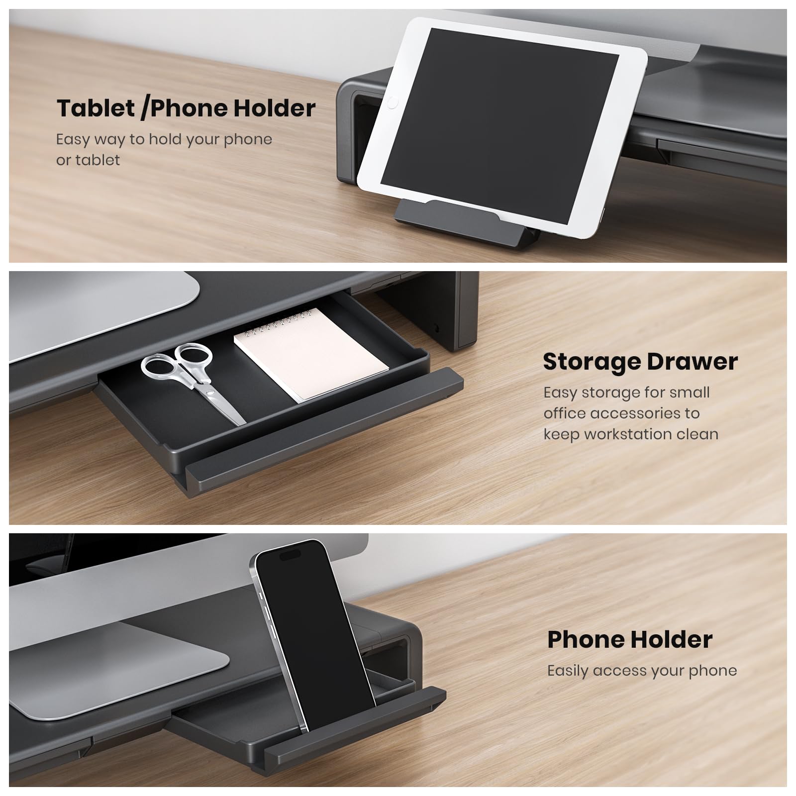 Monitor Stand Riser, Klearlook Foldable Computer Monitor Riser,Height Adjustable Computer Stand, Desk Shelf Riser With Storage D
