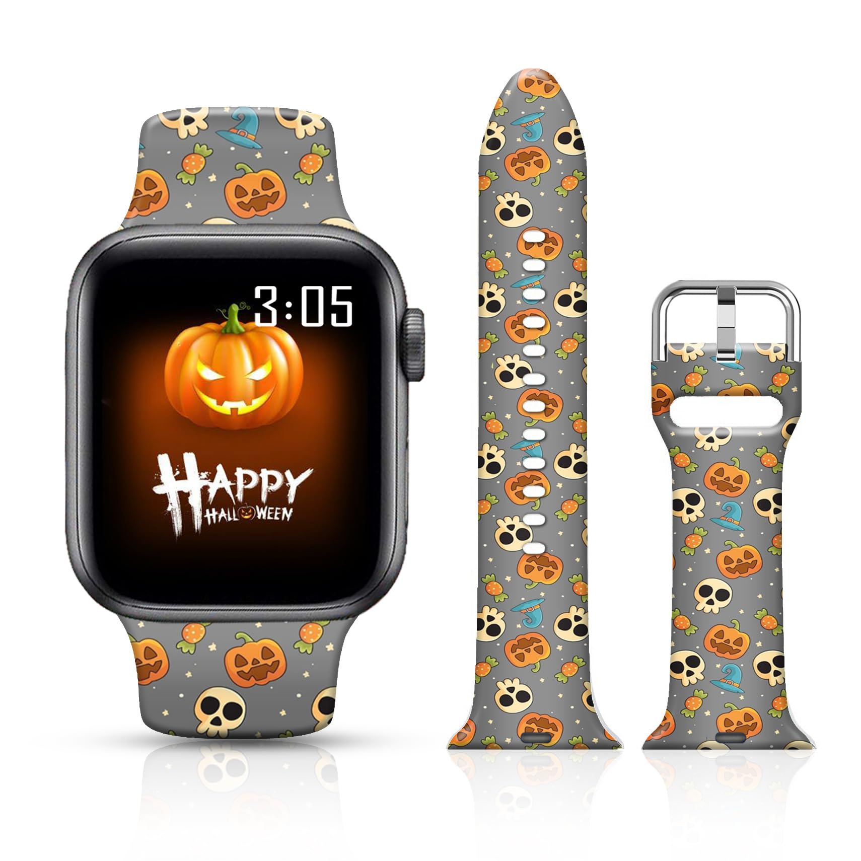 Ftfcase Fall Halloween Floral Silicone Bands Compatible With Apple Watch 49Mm 45Mm 44Mm 42Mm, Pumpkin Skull Gray Flower Sport St