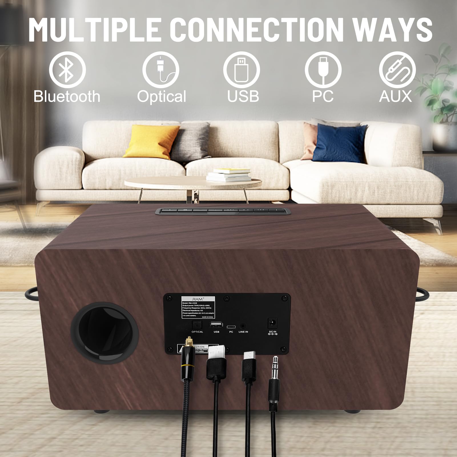 Rhm K222 Karaoke Machine With 2 Uhf Wireless Microphones & 5 Sound Modes, Support Optical/Bluetooth/Aux/Usb/Pc, Wooden Home Kara