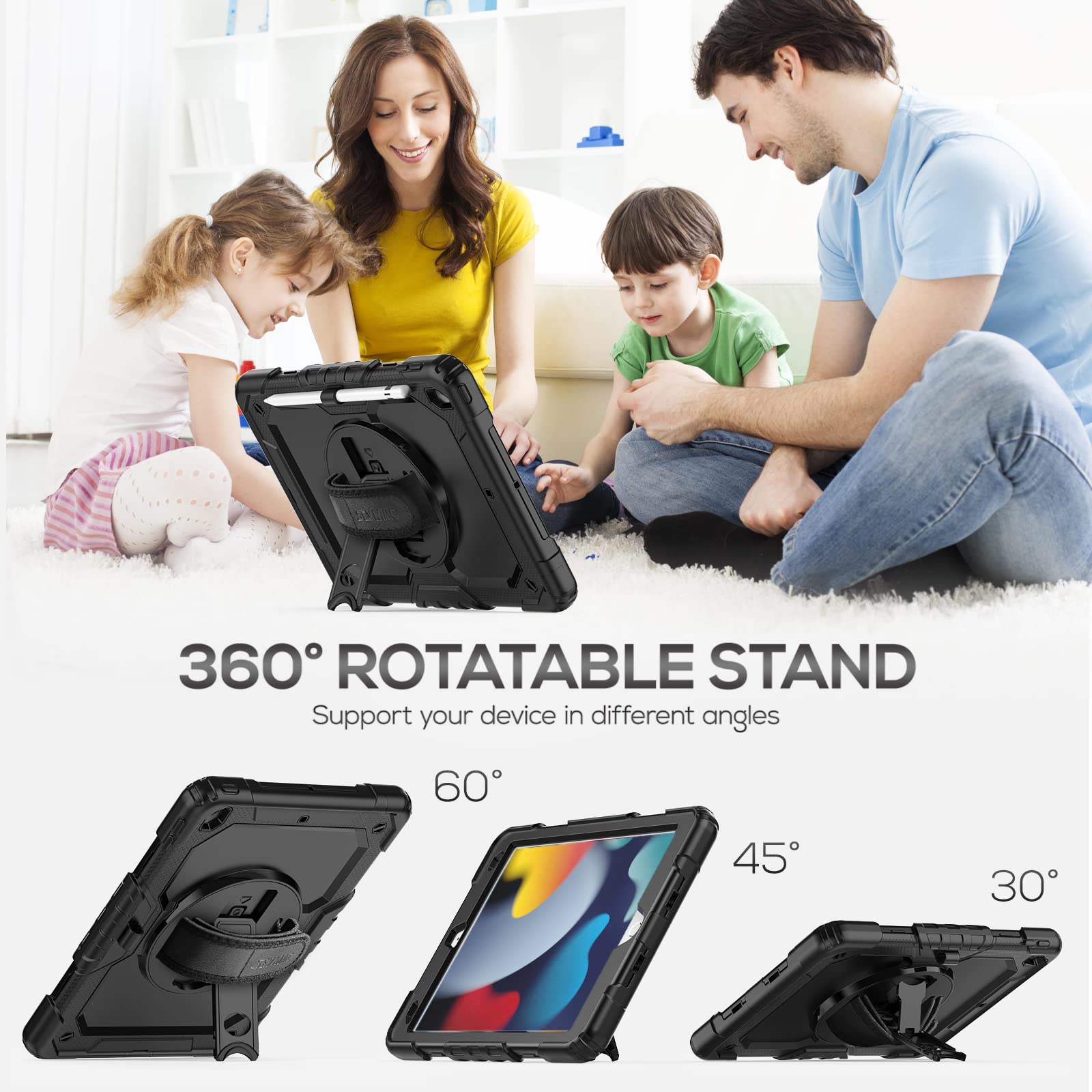 Seymac For Ipad 9Th/8Th/7Th Generation Case 10.2' 2021 2019, Full Body Shockproof Heavy Duty Protective Case With Screen Protector, 360� Rotating Stand/Handle/Shoulder Strap For Ipad 10.2, Black