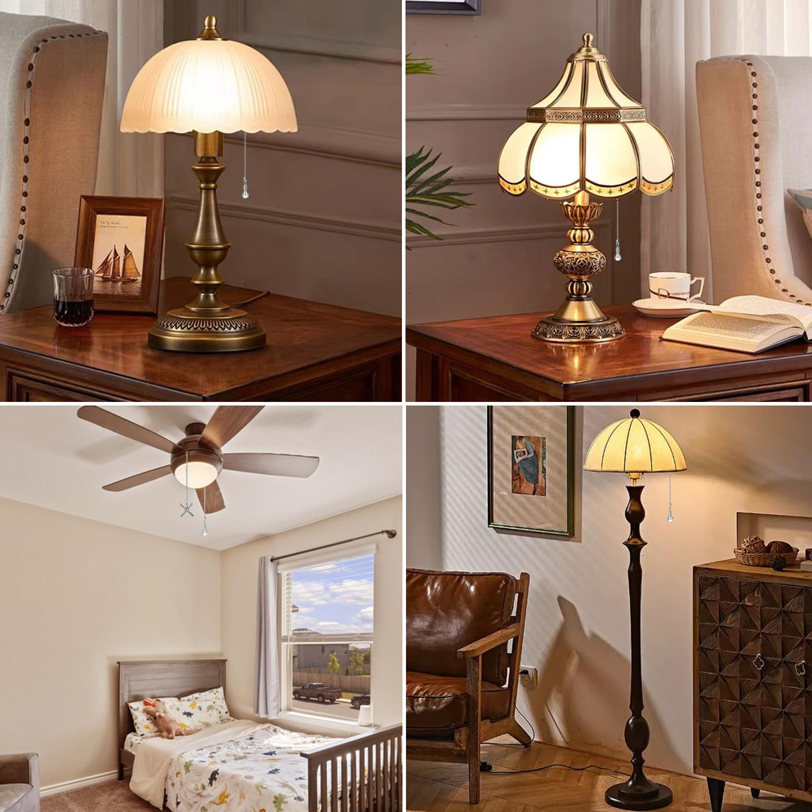 Jia Qaq Ceiling Fan Pull Chain Ornaments, 13.6 Inches Fan Pulls Extension Chains Set, Decorative Metal Light Bulb And Fan Cord,