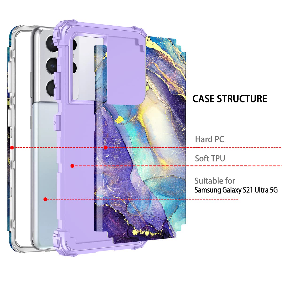 Rancase Phone Case for Samsung Galaxy S21 Ultra 5G Three Layer Heavy Duty Shockproof Hard Plastic Silicone Amethyst Purple 6.8 inch