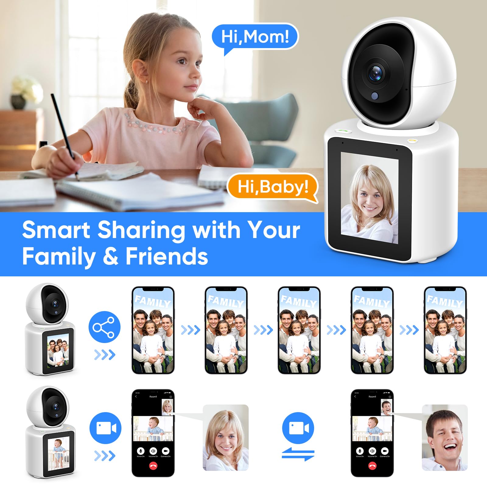 2K Two Way Video/Audio Indoor Camera, Child/Elder/Dog/Pet Camera With Phone App, 2K Home Security Camera With Pan Tilt, Night Vi