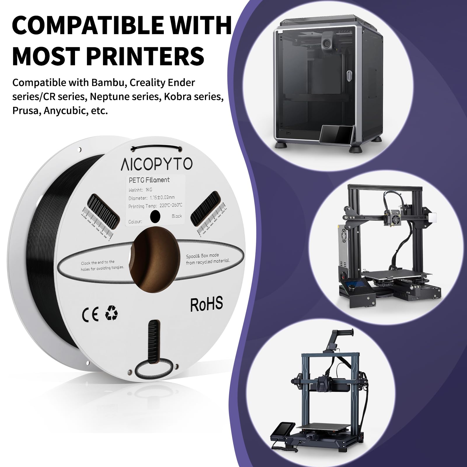 Aicopyto Black Petg Filament 1.75Mm, 3D Printer Petg Filament 1Kg Spool (2.2Lbs) Dimensional Accuracy +/- 0.02Mm, Filament Fit M