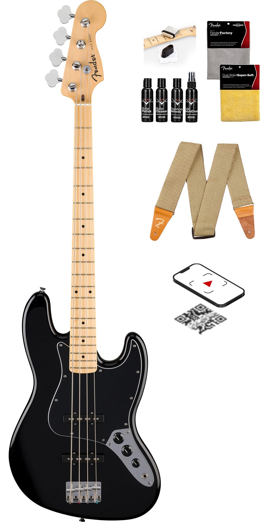 Fender Standard Jazz Bass - Black Bundle with Strap, Guitar Cleaning Kit and Austin Bazaar Instructional Video