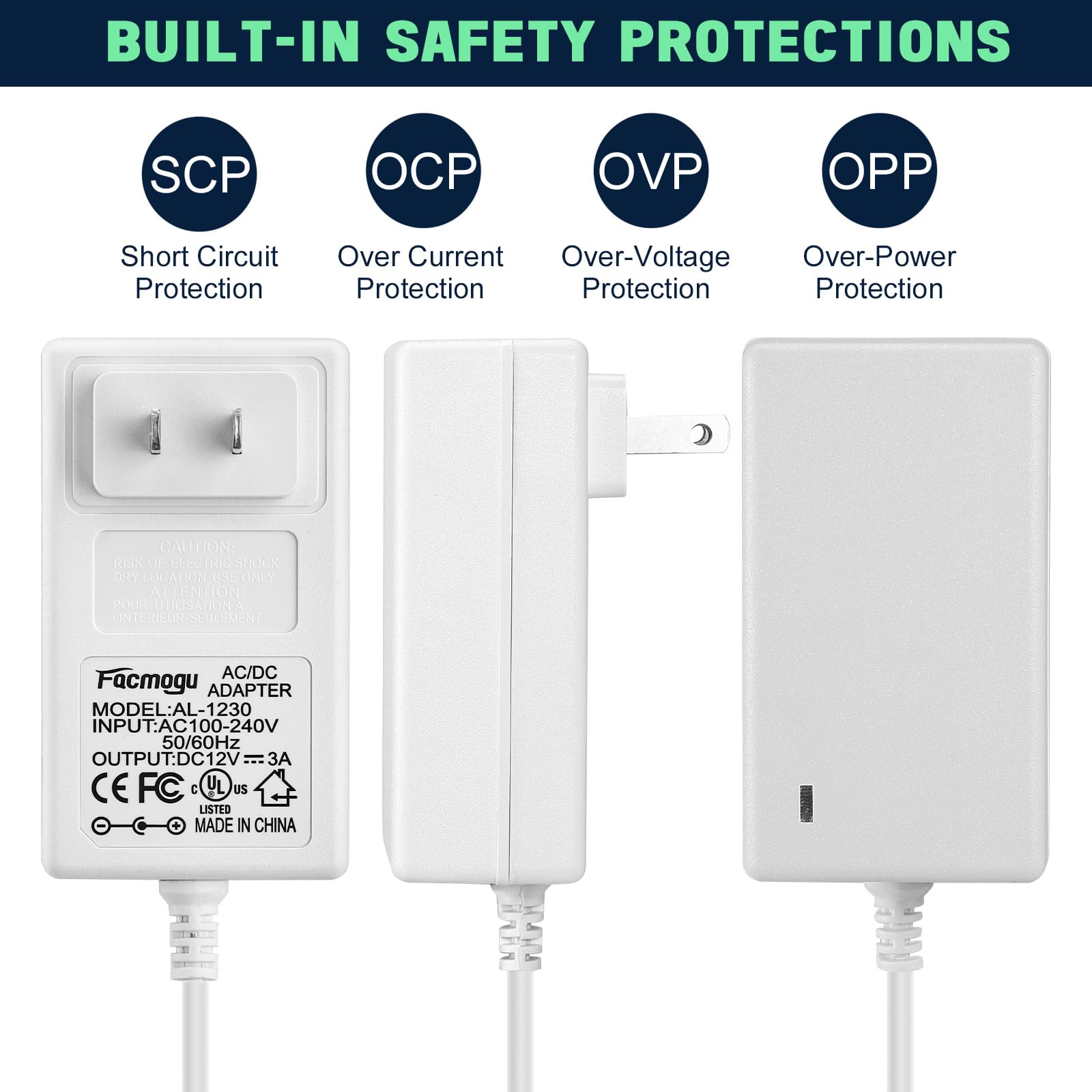 Facmogu 12V 3A Power Supply Adapter, Ac 100 240V To Dc 12 Volt Wall Plug Transformers, 36W Power Supply Adaptor With Ac To Dc Ba
