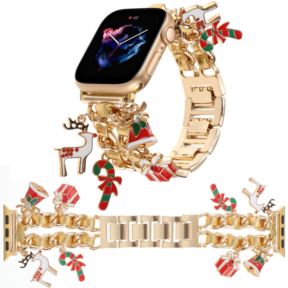 Realsign Stylish Metal Wristband Compatible With Apple Watch Band 42 44 45 46 49Mm,Cuban Chain With Christmas Elk Bell Cute Pend