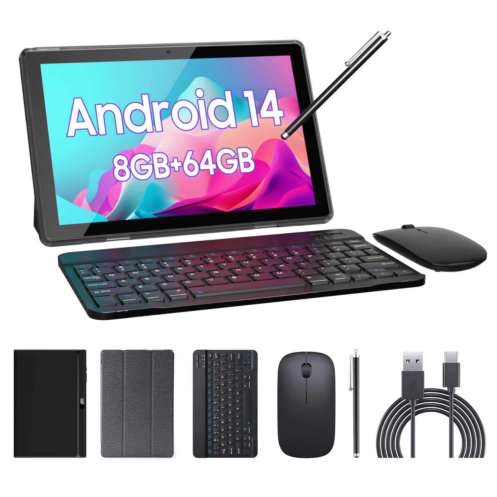 Tablet 2 in 1 Tablets 10 inch Android 14 Tablet Set with Keyboard Case Mouse Stylus 8GB+64GB/1TB expansion Tablets 10.1  Touch S