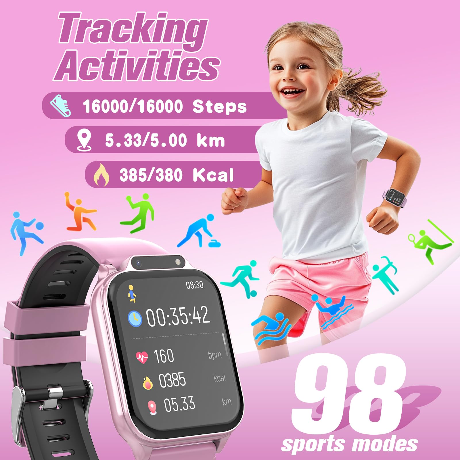 Smart Watch For Kids 1.85 '' With Fitness Tracker, Sleep Monitor, 22/100+ Sport Modes, Diy Dial, Ip68 Waterproof, Step Counter,