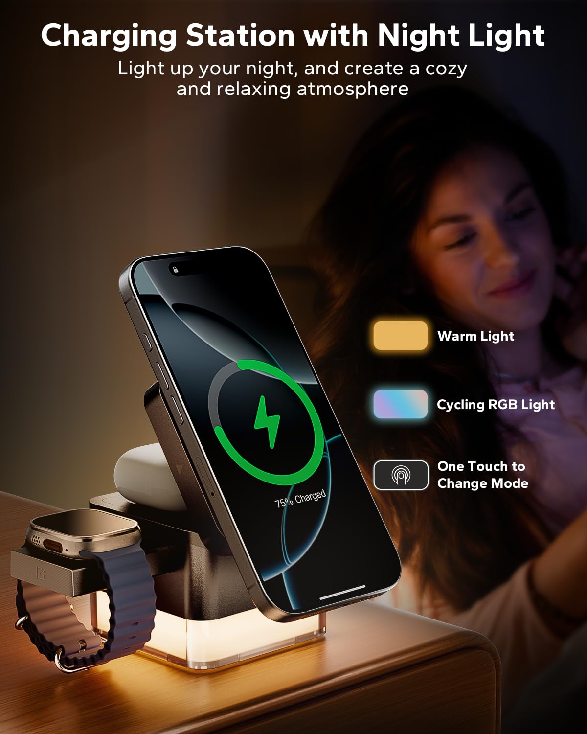 Kpon For Iphone Nightstand Charging Station,15W 3 In 1 Wireless Phone Charger Stand With Night Lamp, Travel Foldable Magnetic Cu