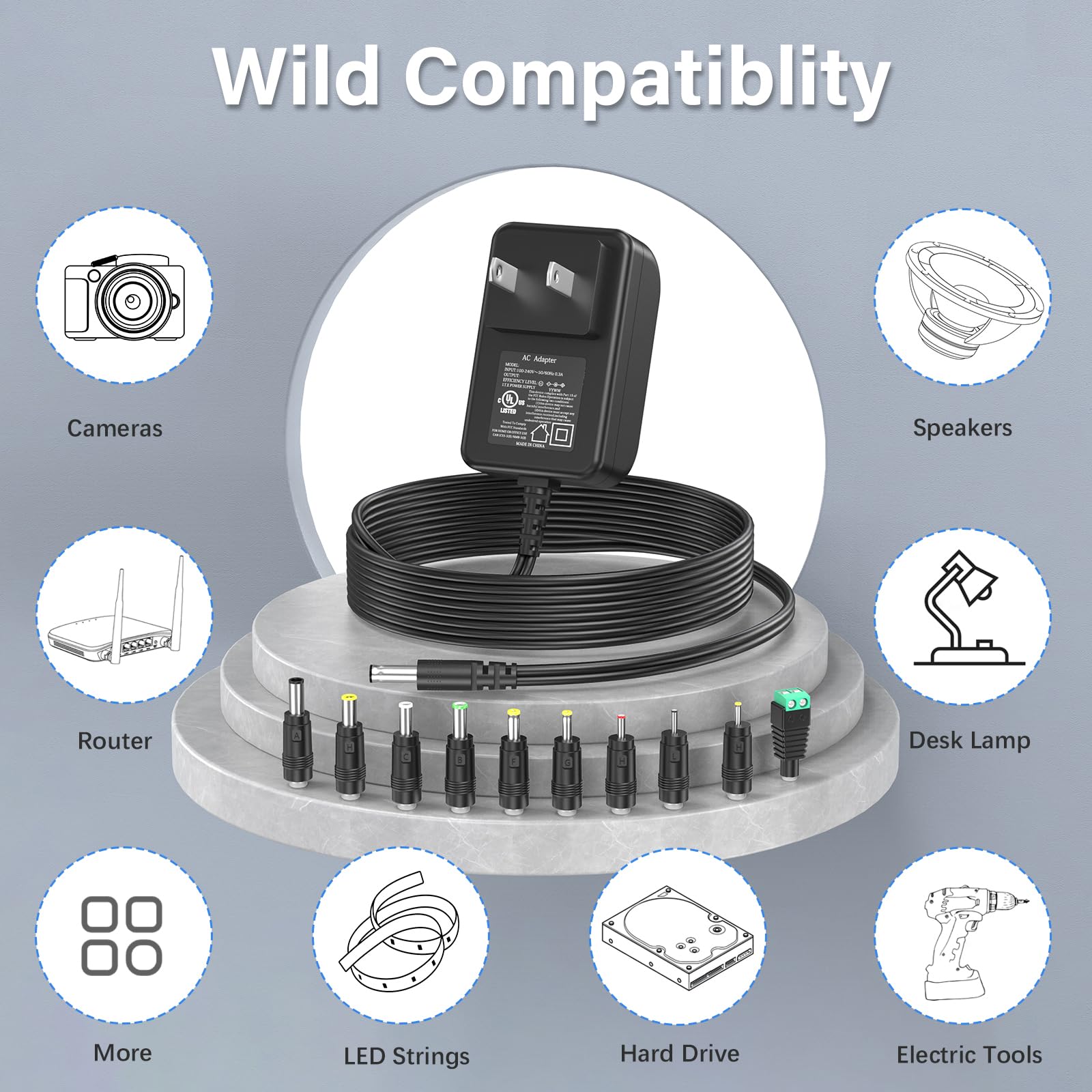Ul Listed 12V 1A 0.8A 0.5A Power Supply 12W Charger Ac Adapter 12.0V 1000Ma 800Ma 600Ma 500Ma 300Ma Regulated 12 Volt Dc Switchi