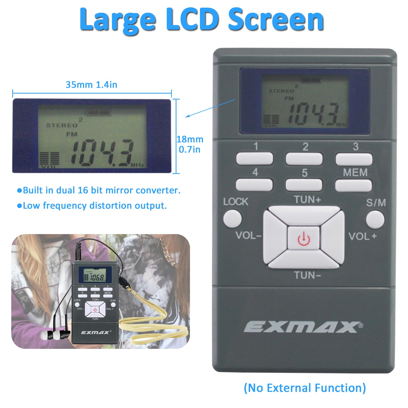 Exmax E108 Wireless Stereo Fm Radio Receiver - Portable Pocket Mini With Earbuds, Lcd Clock For Translator Tour Guide System, Jo