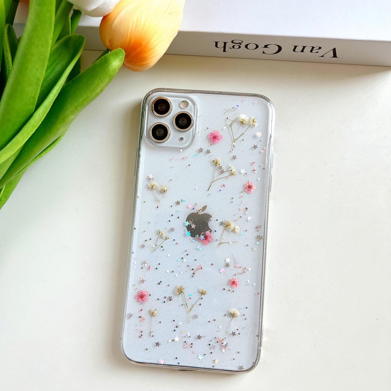 Lseeka For Iphone 11 Pro Clear Case With Pressed Real Flowers Design,Glitter Cute Pink Floral Pattern Slim Soft Tpu Protective W