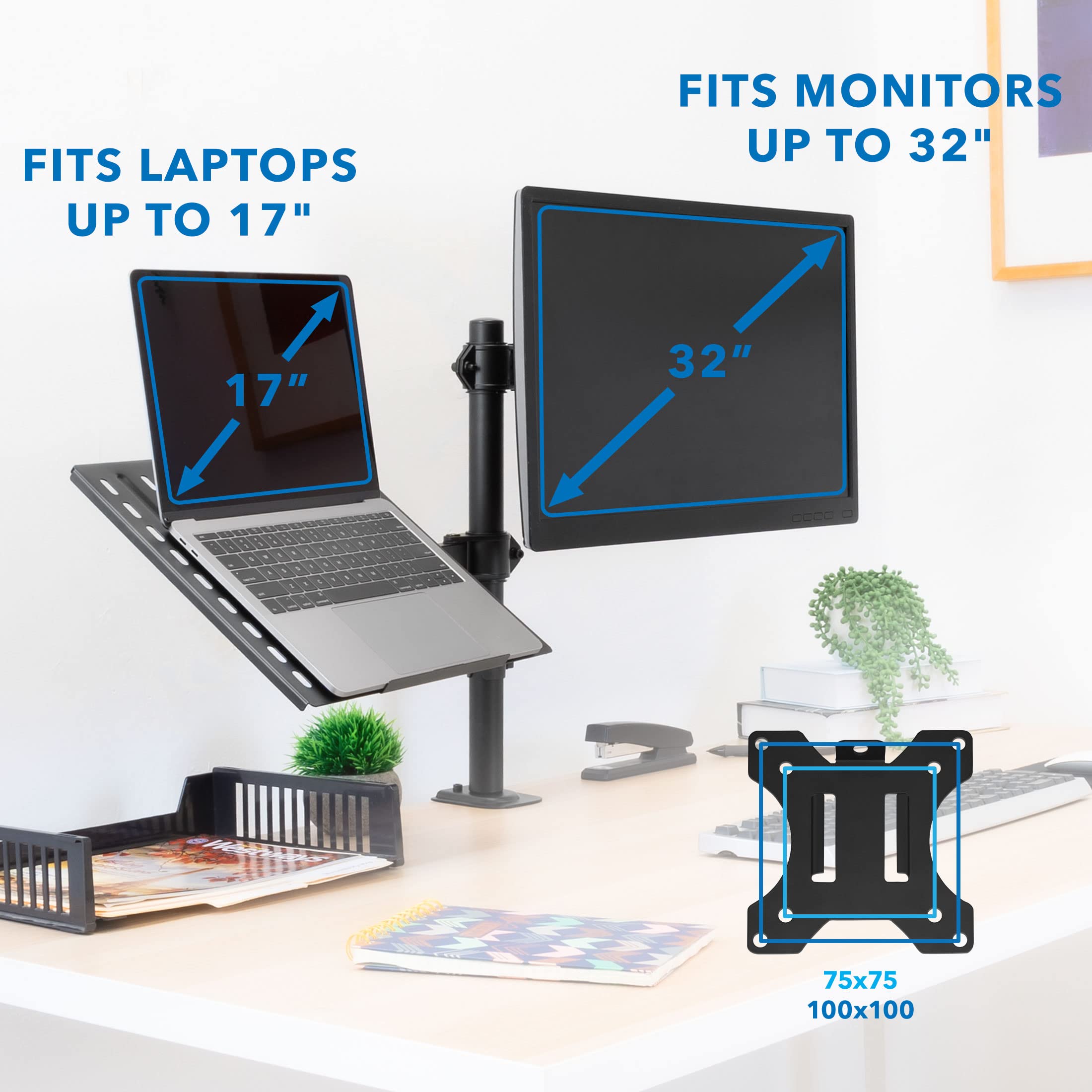 Mount It! Laptop Desk Mount With Monitor Arm, Dual Laptop And Monitor Stand, Fully Adjustable, Vesa Compatible, Ventilated Tray,