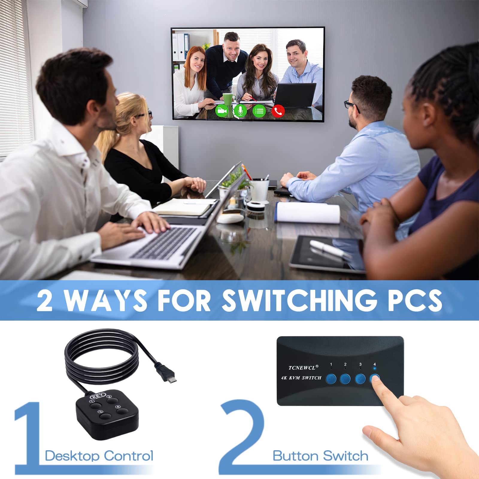 Tcnewcl Kvm Switch 4 Port, Hdmi Kvm Switcher 4Kx2K@30Hz For 4 Computers Sharing 1 Hd Monitor And 3 Usb Devices Keyboard Mouse Pr