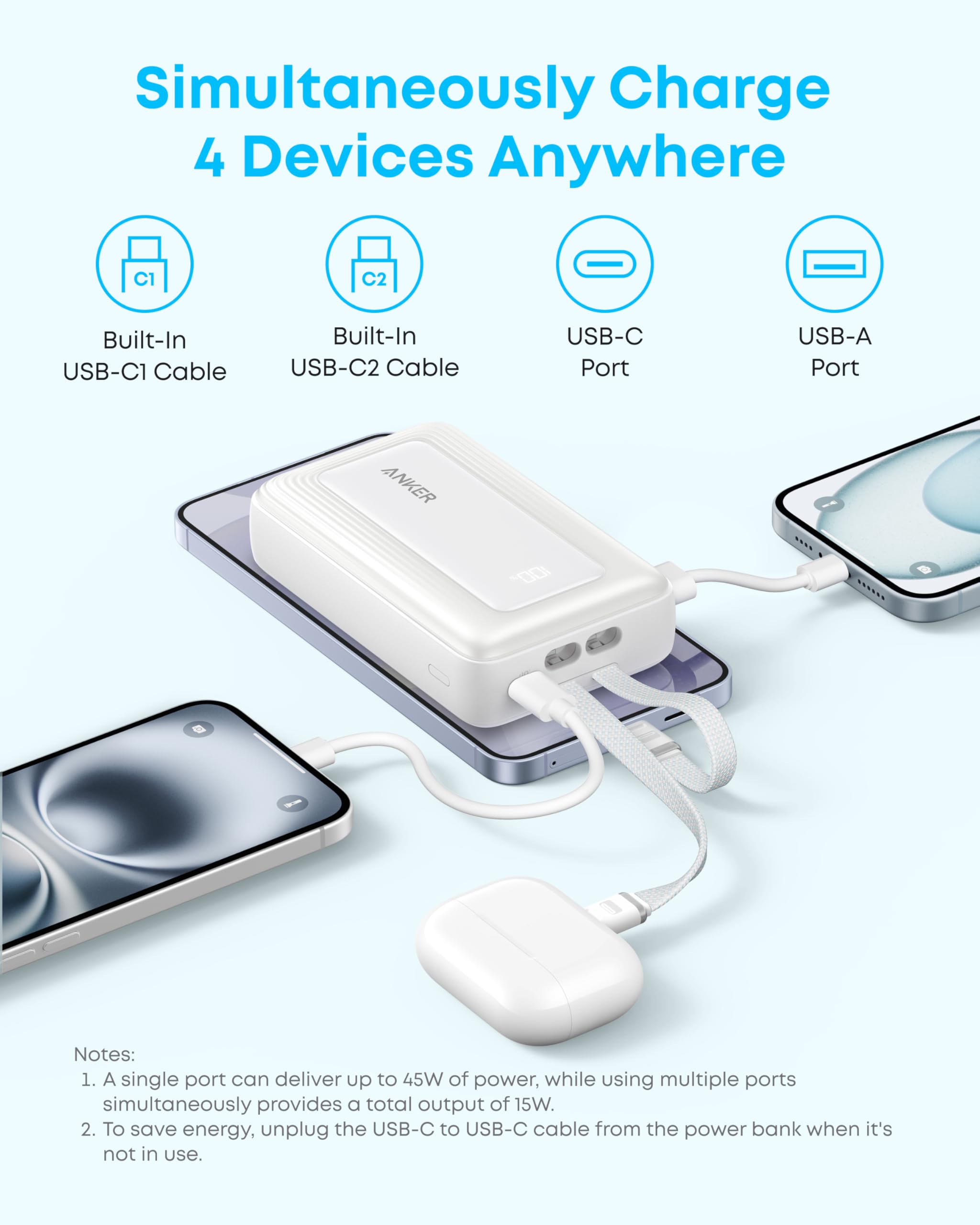 Anker Zolo Power Bank, 45W Max Fast Charging, 20,000Mah Battery Pack With Dual Built-In Usb-C Cables, 1 Usb-C&A Port, For Iphone