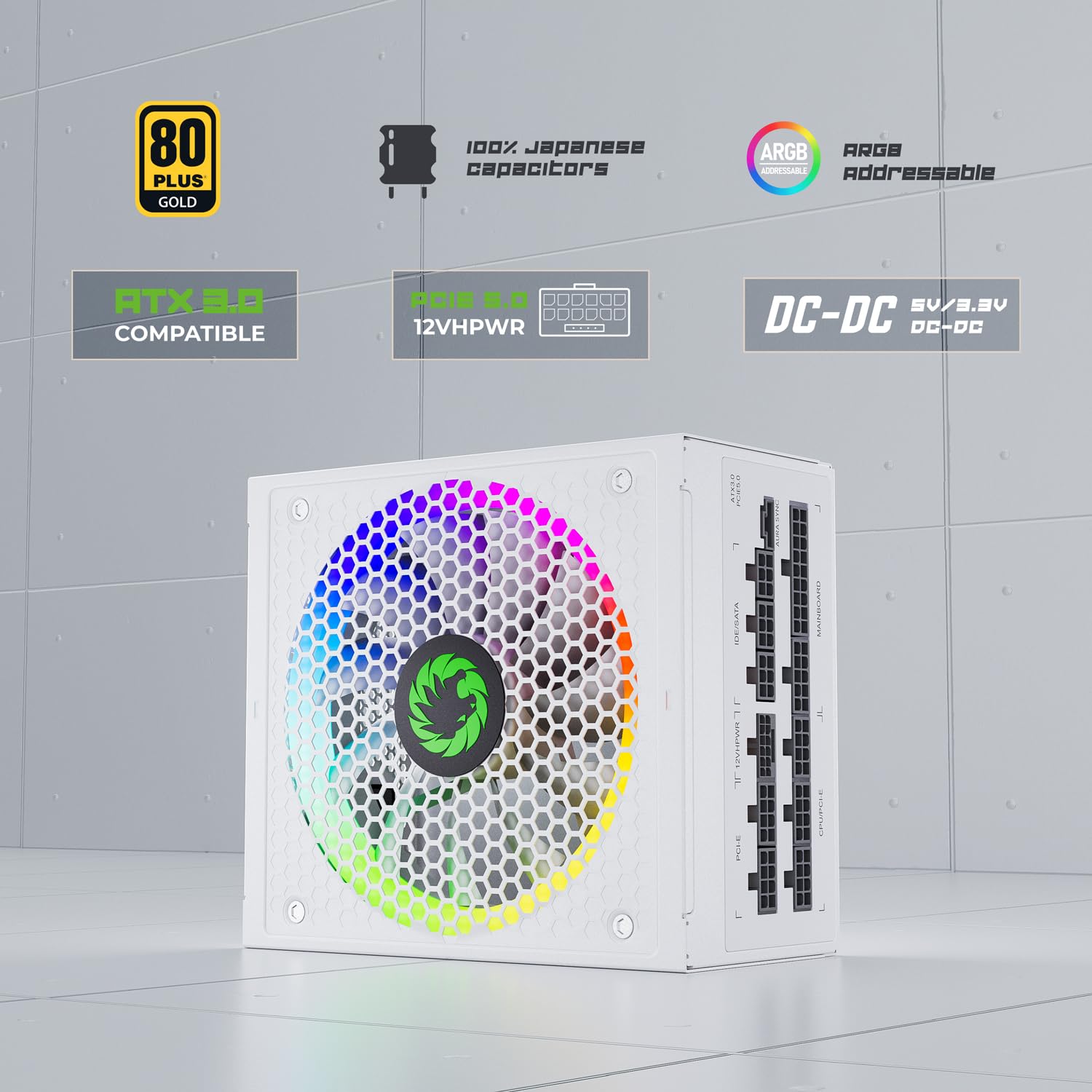 Gamemax 1050W Atx 3.0 & Pcie 5.0 Power Supply, 80+ Gold Certified, Addressable Rgb With 5V Motherboard Sync, Fully Modular Atx G