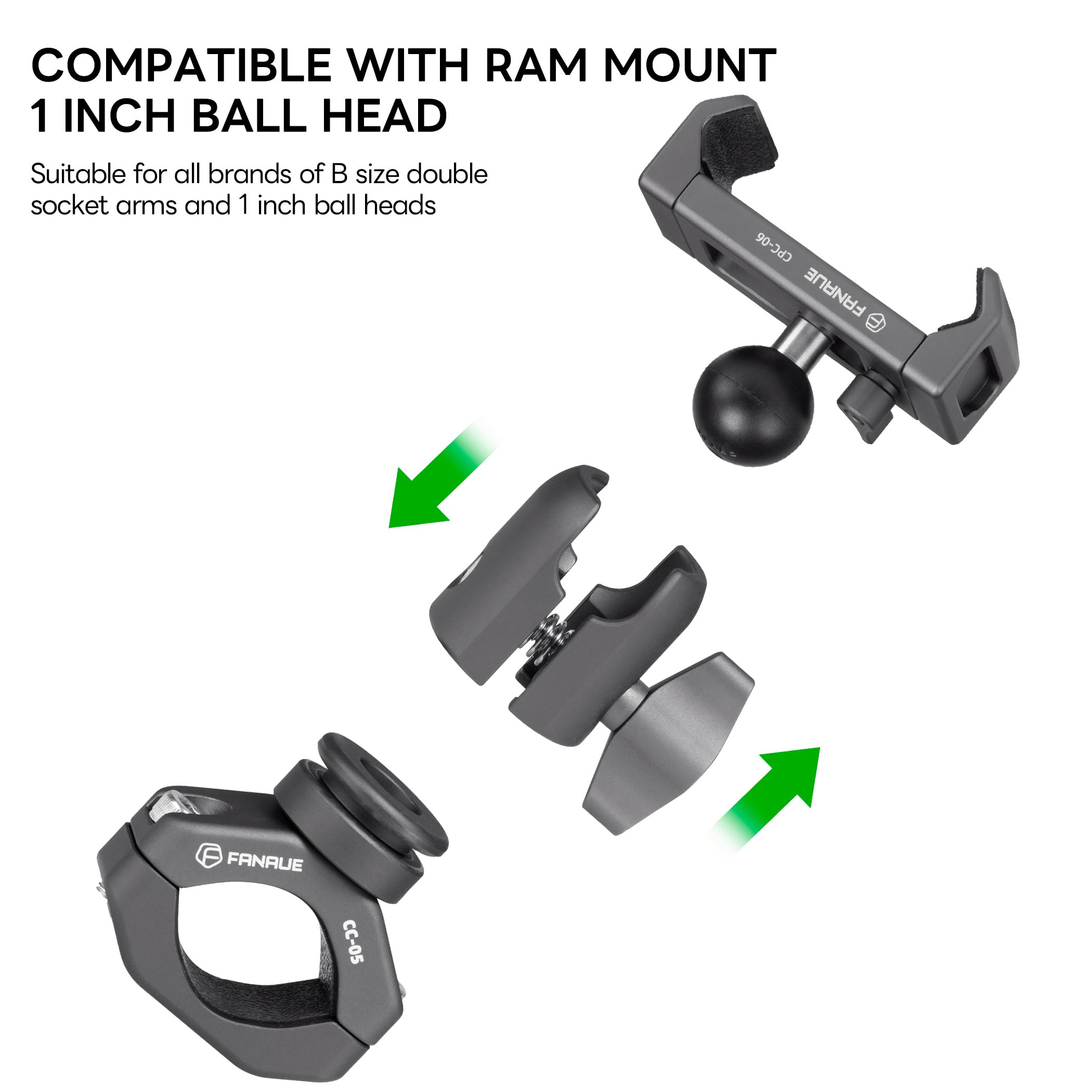 Fanaue Motorcycle Phone Holder With 1'' Ball Head Adapter, Aluminum Bike Scooter Phone Mount Handlebar Cell Phone Clamp Clip Com