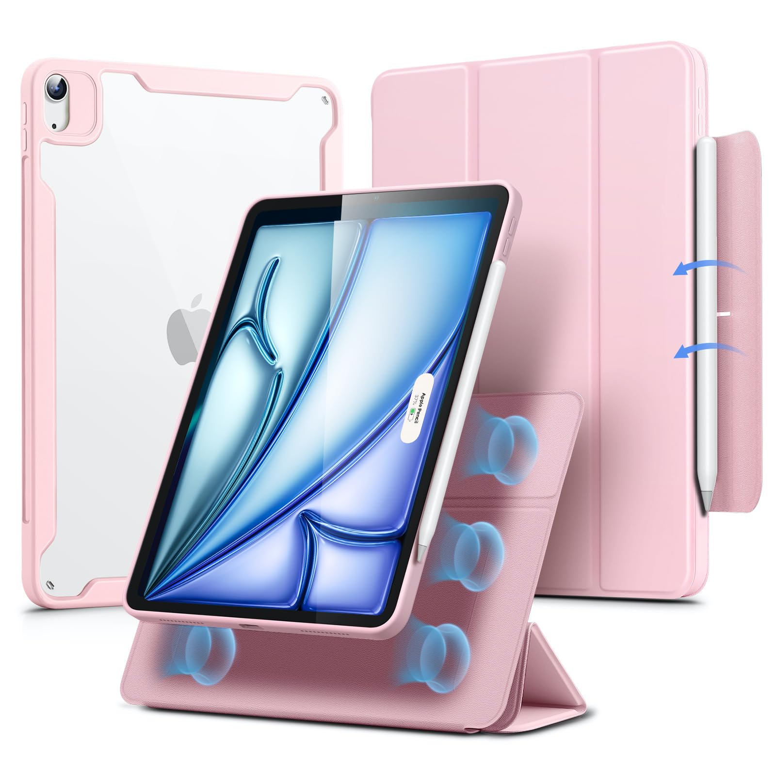 Esr For Ipad Air 11 Inch Case (2025) M3/M2, Ipad Air 7Th/6Th/5Th/4Th Generation Case (2024/2022/2020) 10.9 Inch With Pencil Holder, Removable Magnetic Cover, Vertical Stand, Rebound 360 Series, Pink