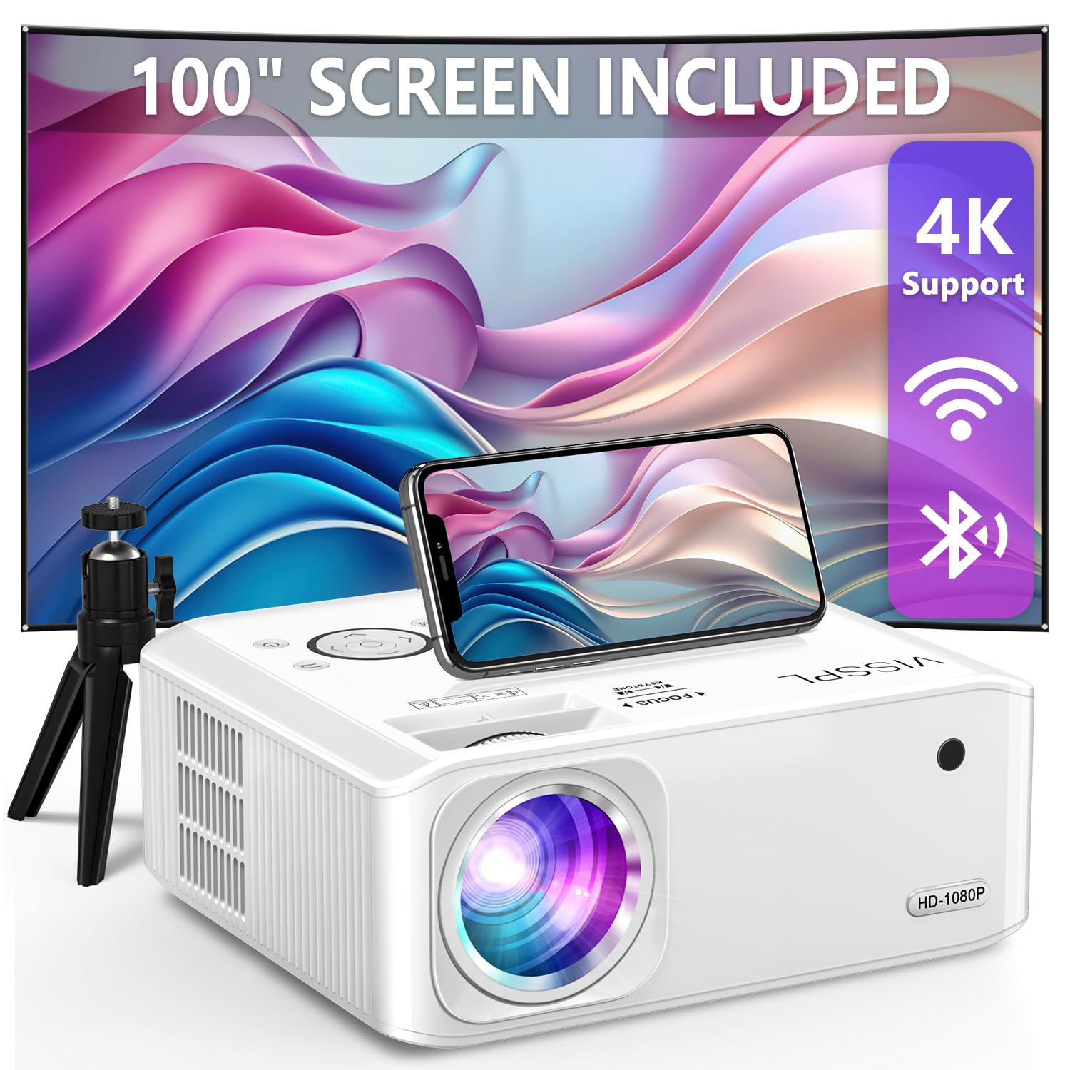 [6D/4P/4K] Projector With Wifi And Bluetooth, Visspl 4K Supported Video Projector, Electric Keystone, Home Theater Movie Phone P
