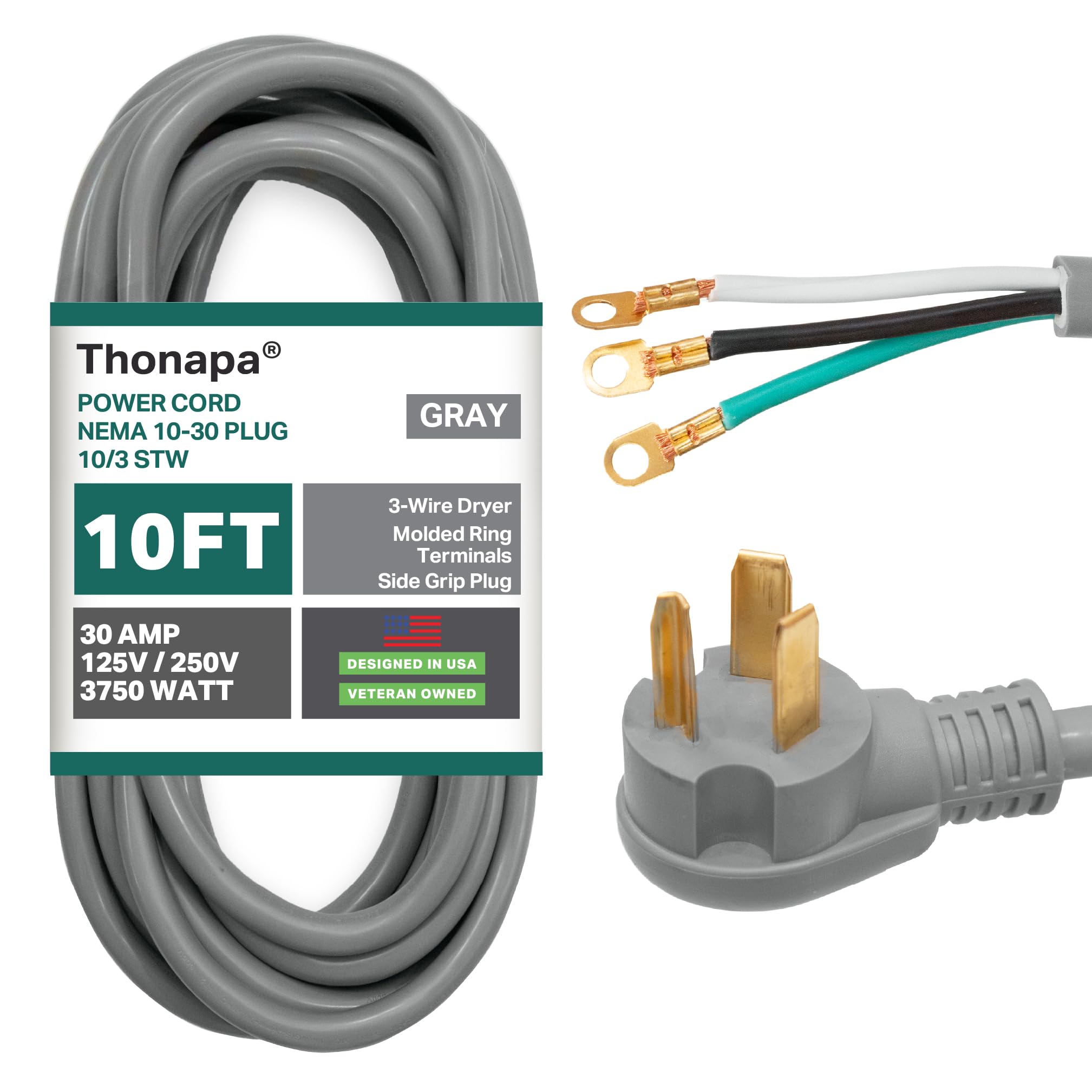 Thonapa 3 Prong Dryer Cord 10 Ft, 30 Amp Appliance Extension Cord 3 Prong 10 Foot, Nema 10 30 Plug, 10/3 Srdt Gray Dryer Power C