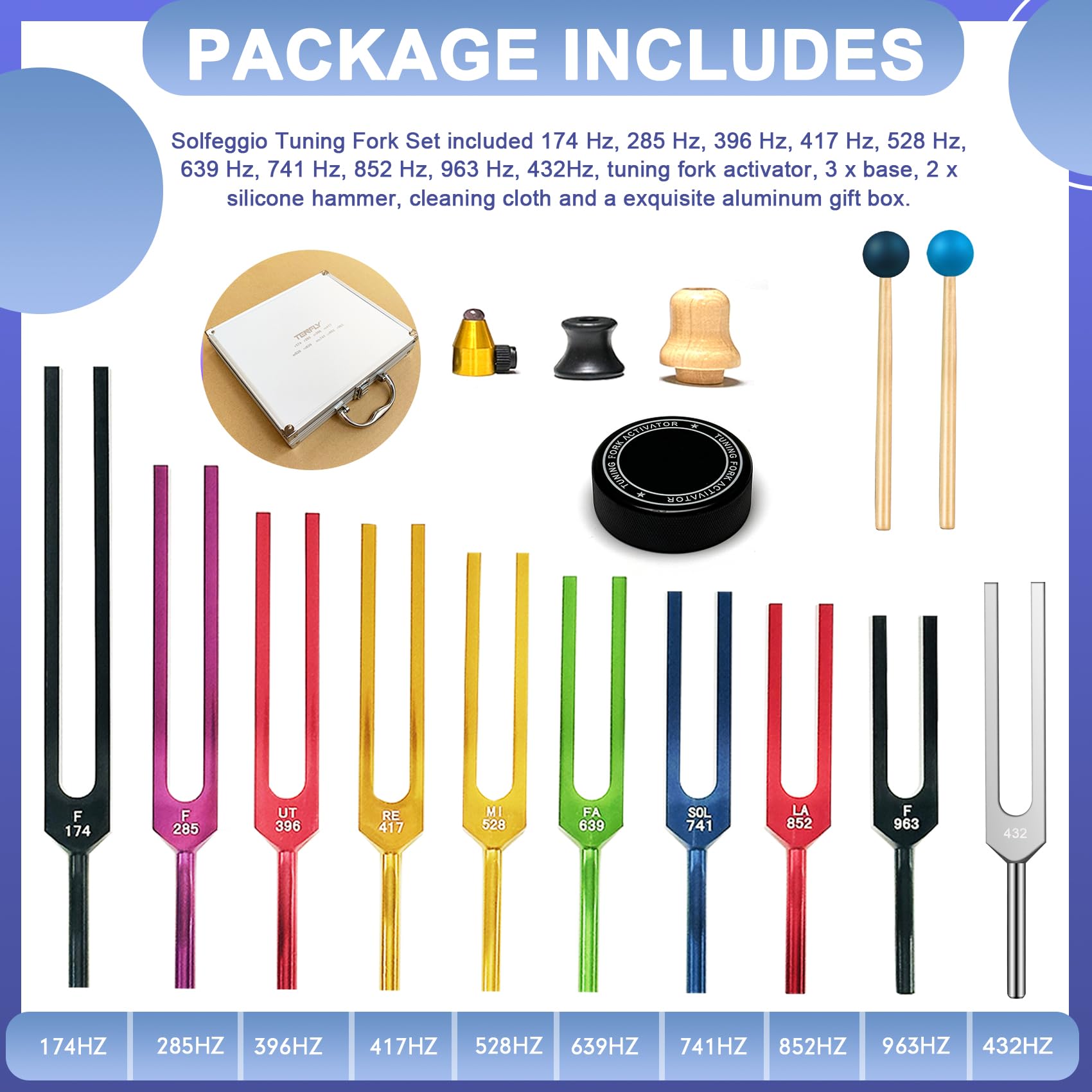 Tenfly Solfeggio Tuning Fork Set   10 Tuning Forks For Body Relaxation, Yoga Meditation, Sound Therapy, Stress Relief, Chakra He