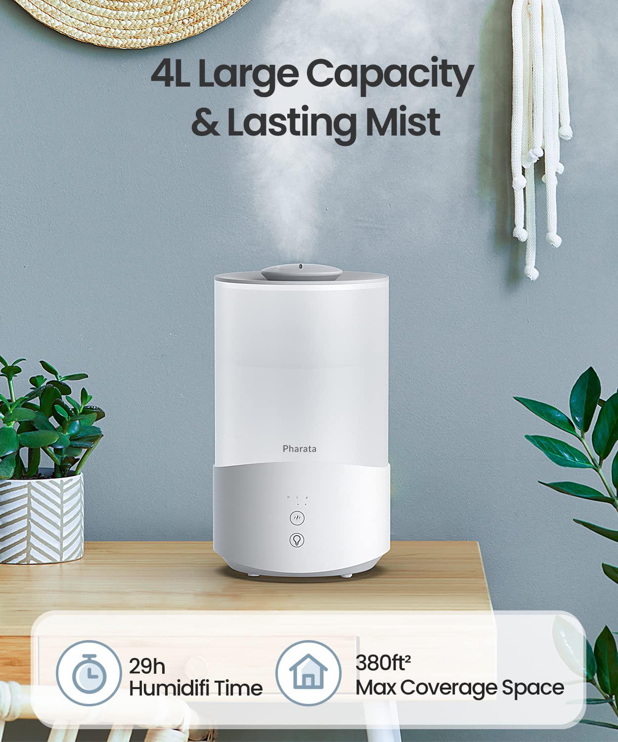 Pharata Humidifiers For Bedroom, 4.0L Humidifier With Essential Oil Diffuser, Top Fill Ultrasonic Cool Mist Humidifier For Large