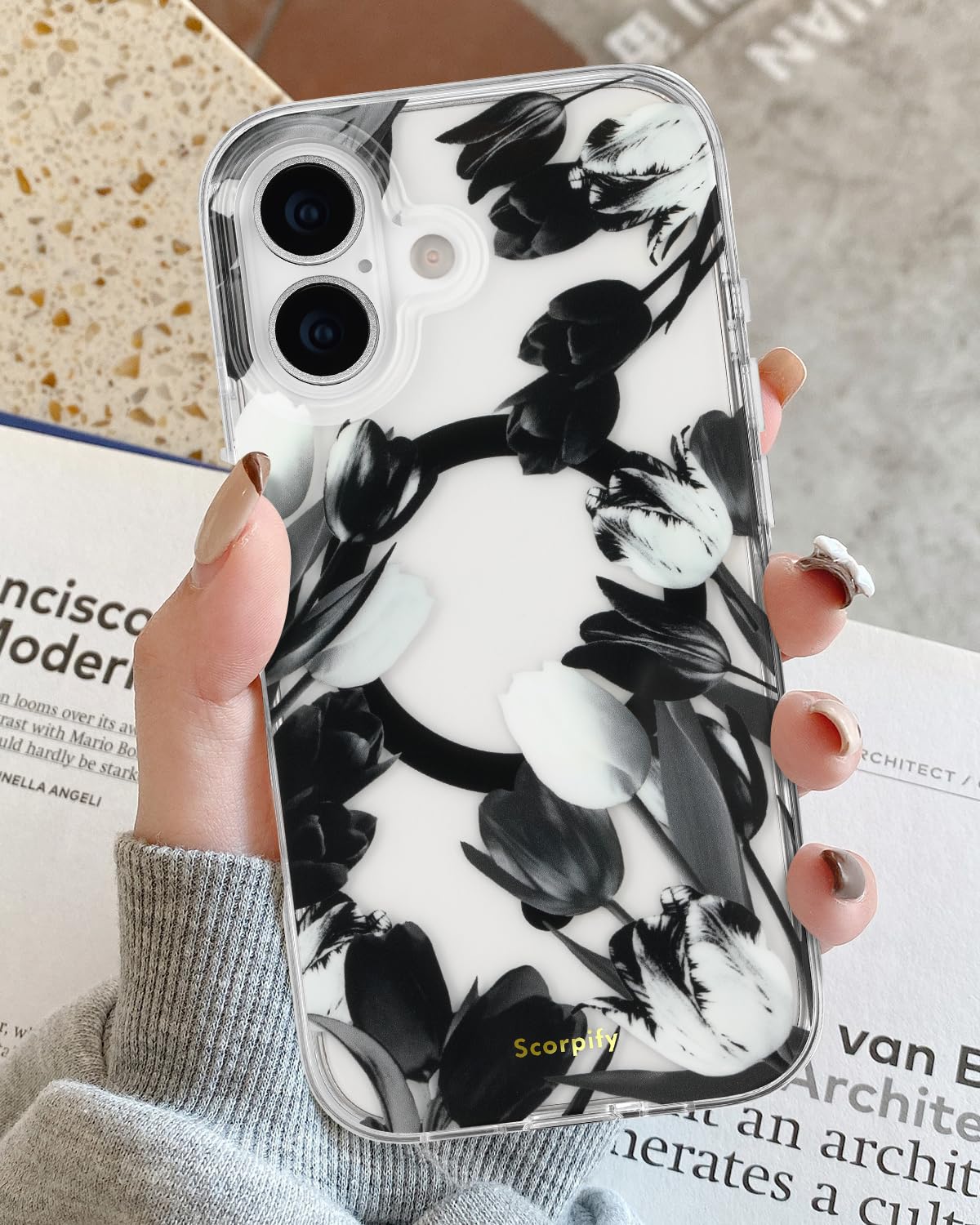 Scorpify For Iphone 17 Case [Compatible With Magsafe] With Black Tulip Floral Design, Cute Clear Flower Magnetic Phone Cover For