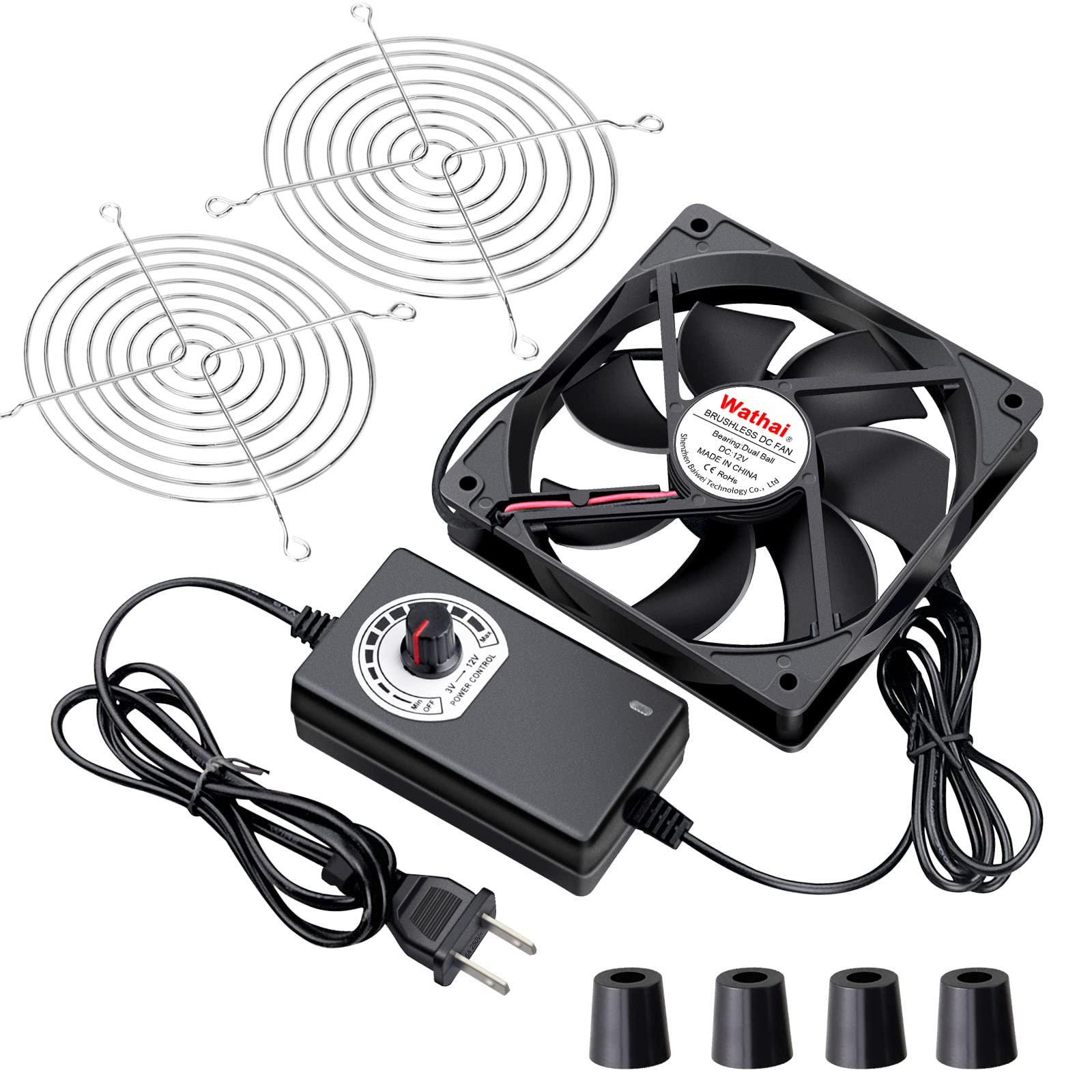 Wathai 120mm x 25mm AC Powered Computer Fan with AC Plug 110V 120V 220V 240V Variable Speed Controller 3V to 12V, for Biltong Bo