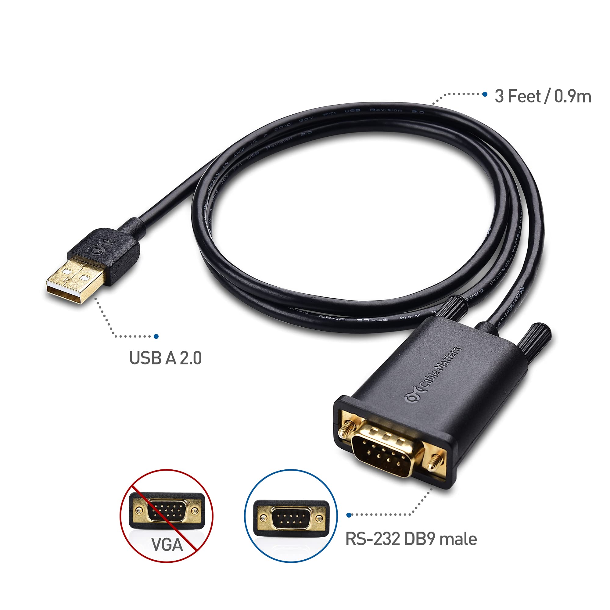 Cable Matters USB to Serial Adapter Male to Male Cable   3ft, RS232 to USB2.0, USB to DB9 Cable, Supports Windows 11/10/8/7/Vista/XP, macOS 11.0 or Later, Black
